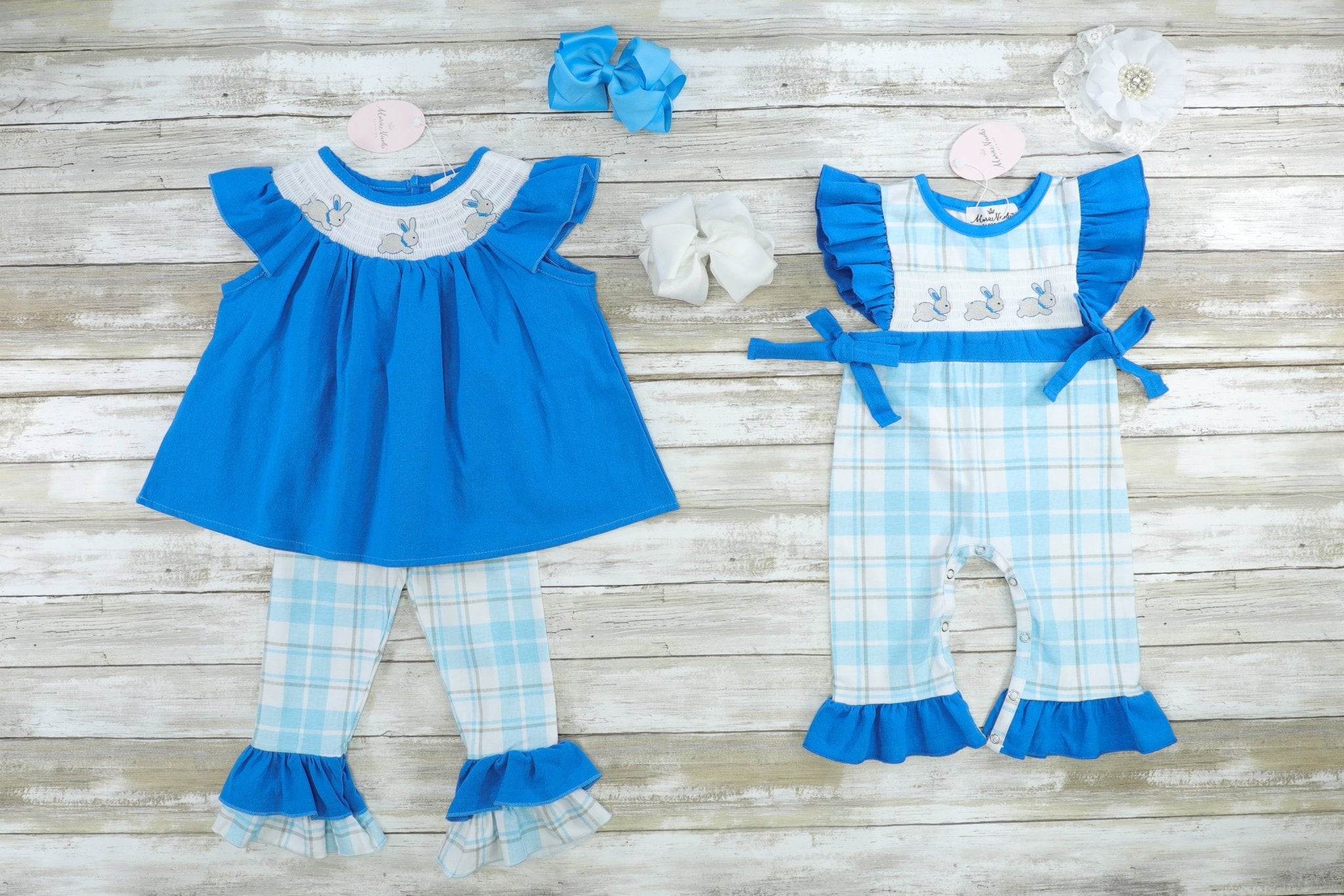 Blue Smocked Easter Bunny Ruffle Romper - Marie Nicole Clothing