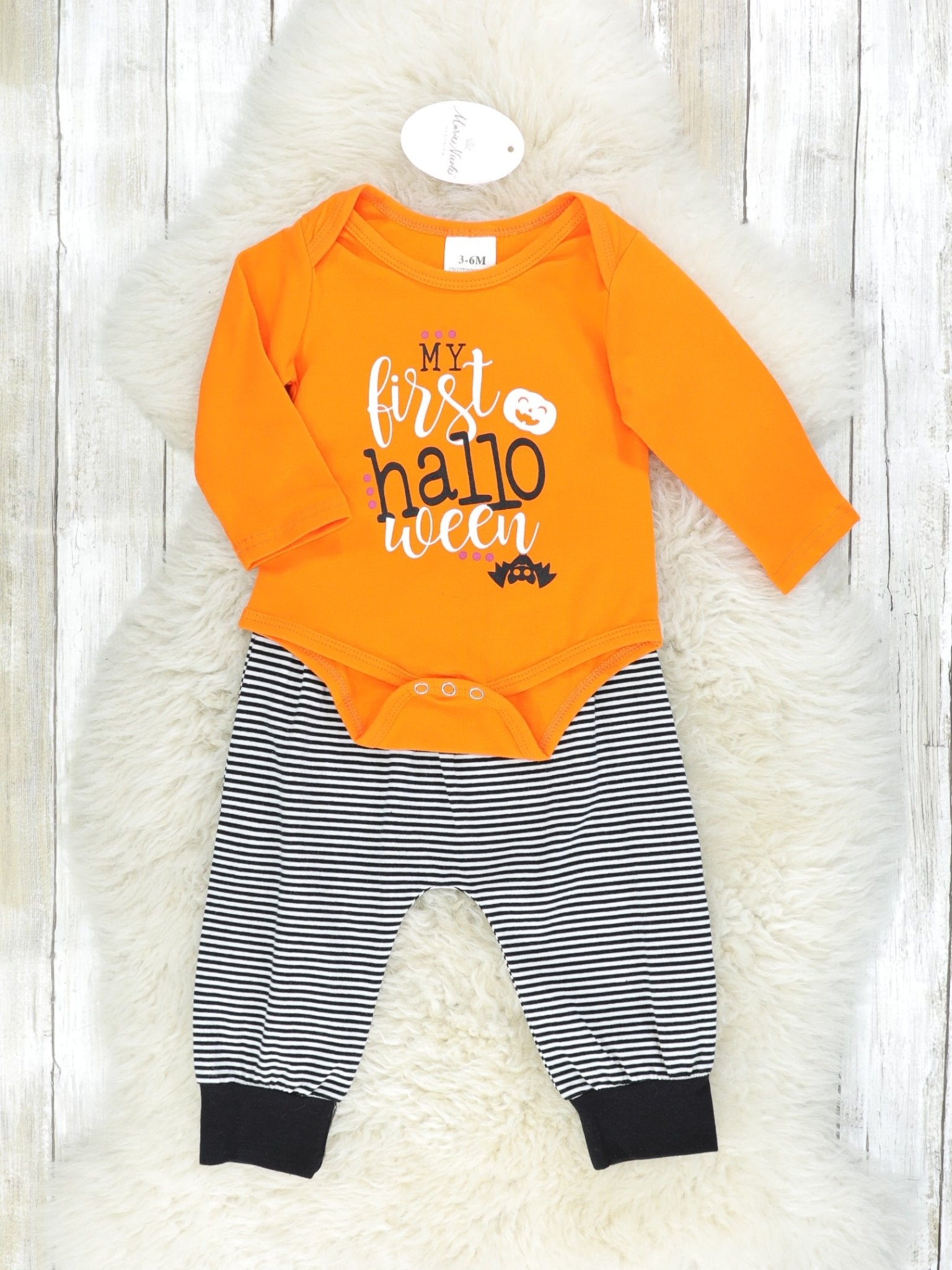 Orange "My First Halloween" Onesie & Striped Joggers Outfit - Marie Nicole Clothing