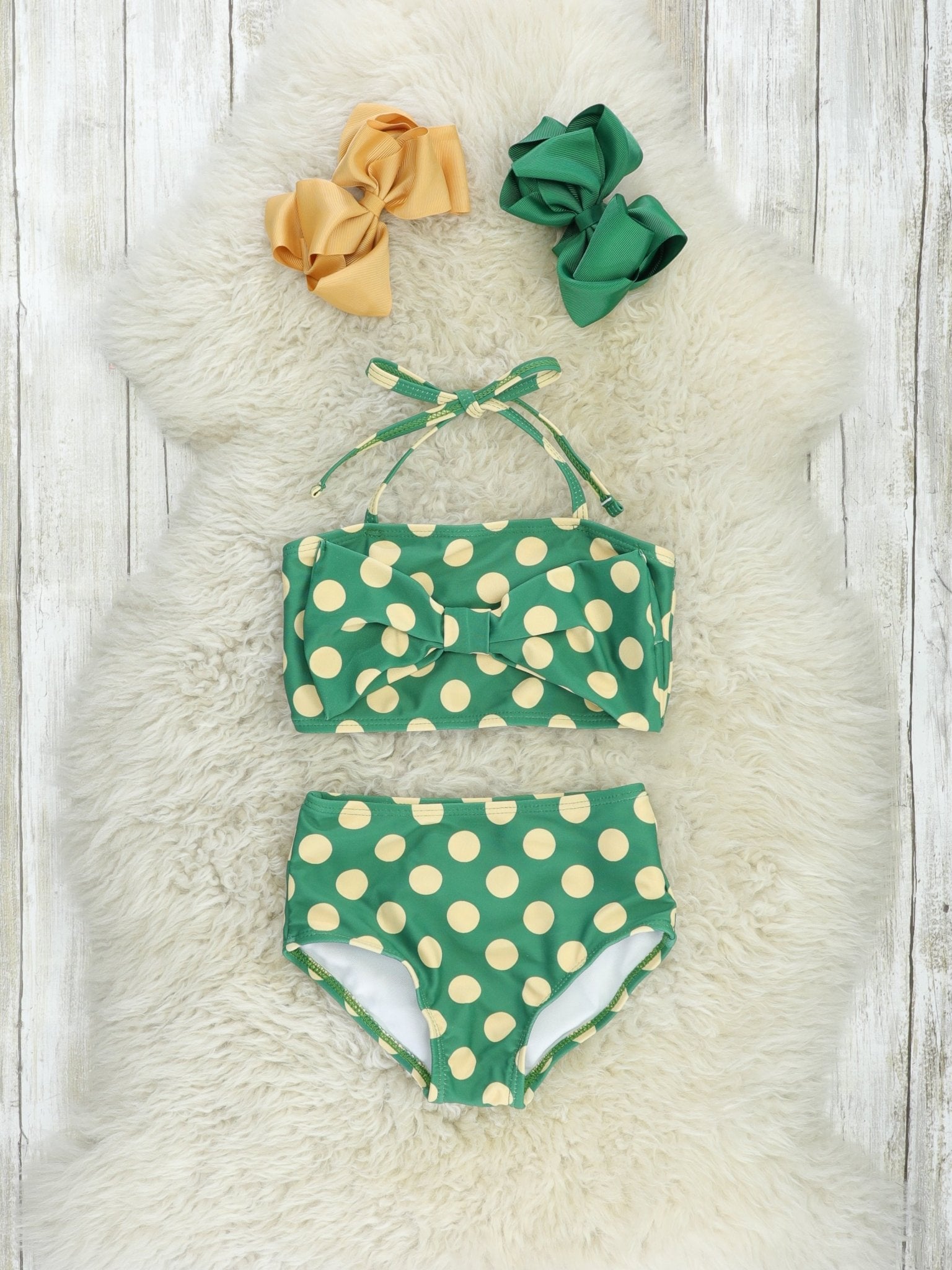 Green & Yellow Polka Dot Bow Bikini - Marie Nicole Clothing