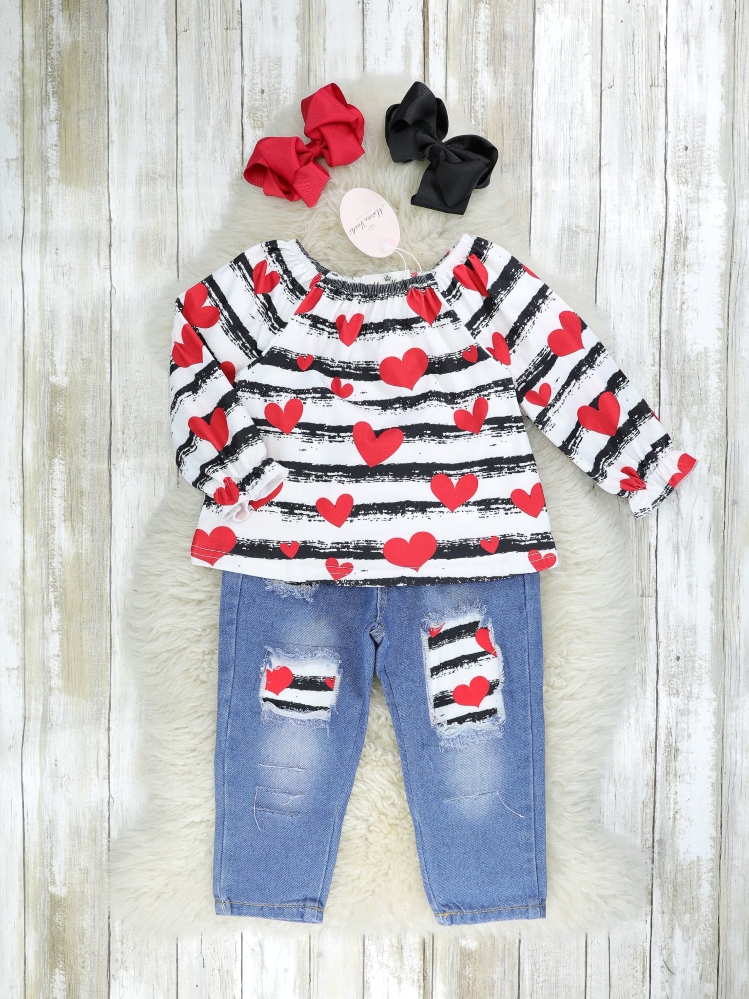 Striped Heart Top & Distressed Denim Outfit - Marie Nicole Clothing