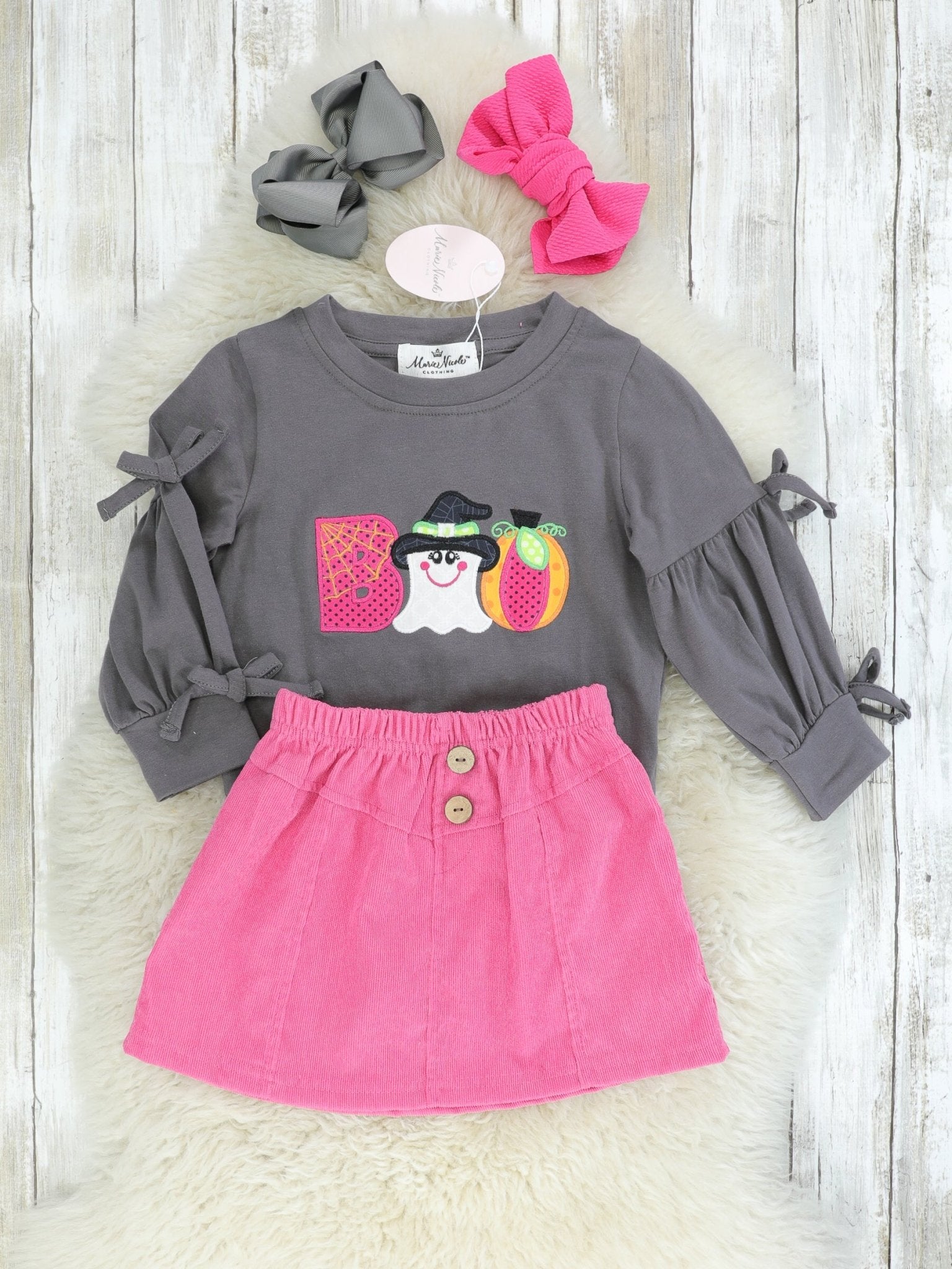 Grey "BOO" Long Sleeve & Fuchsia Skirt Outfit - Marie Nicole Clothing