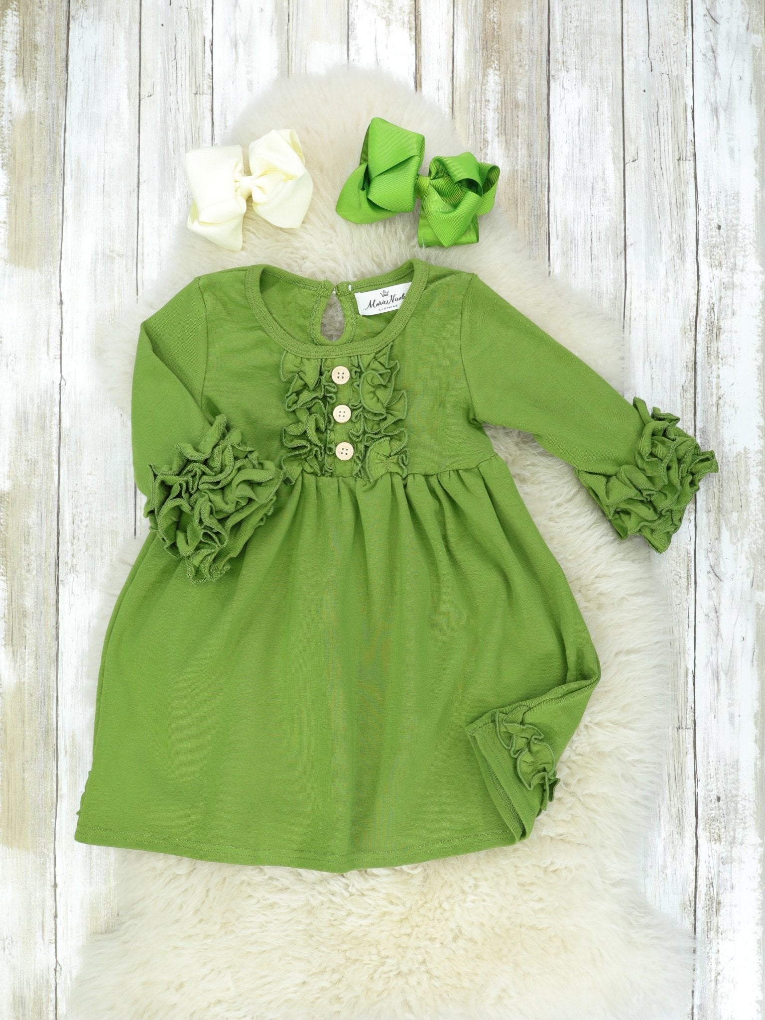 Button Icing/Ruffle Dress - Olive - Marie Nicole Clothing