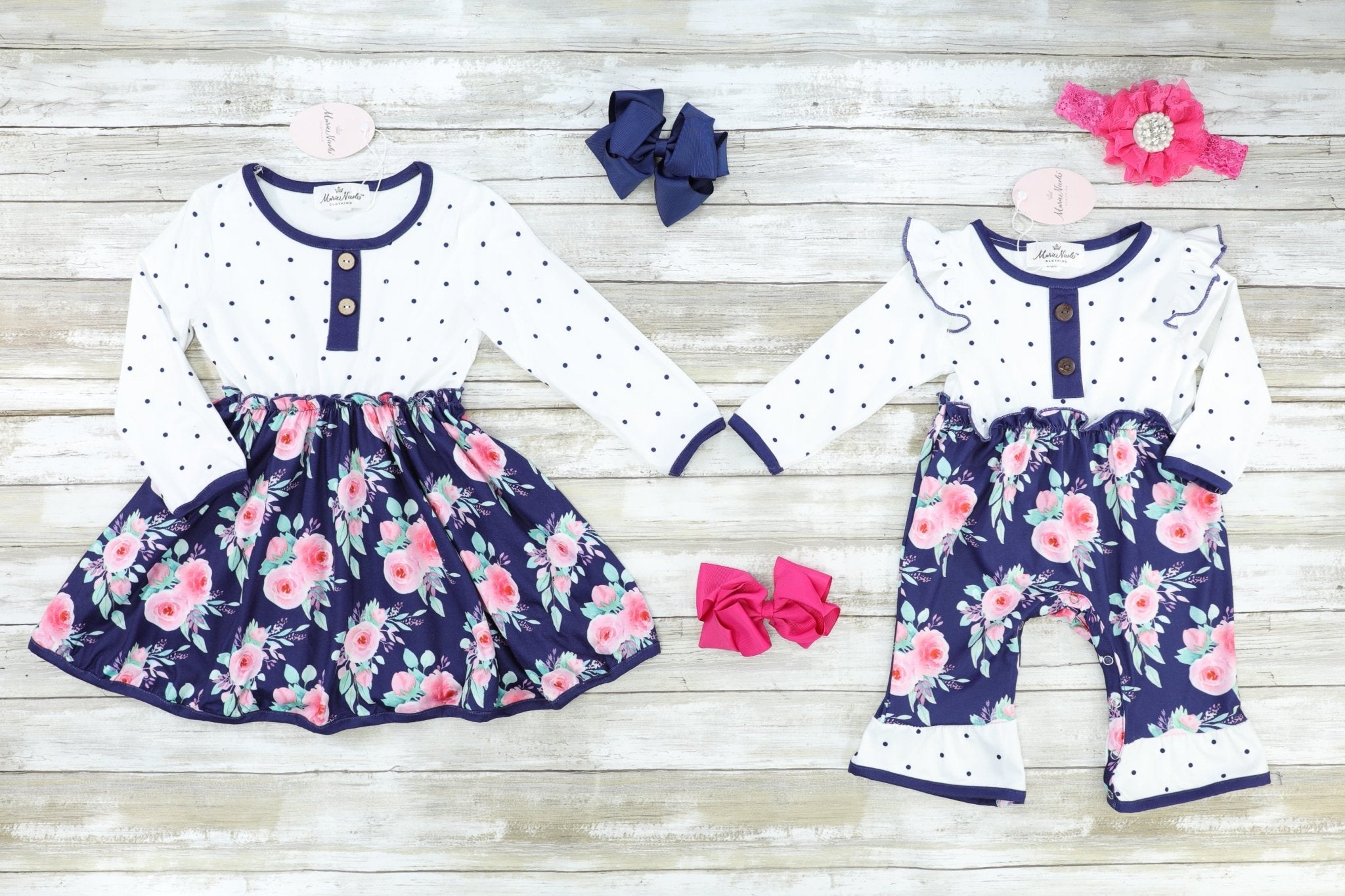 White Polka Dot & Dark Floral Ruffle Romper - Marie Nicole Clothing