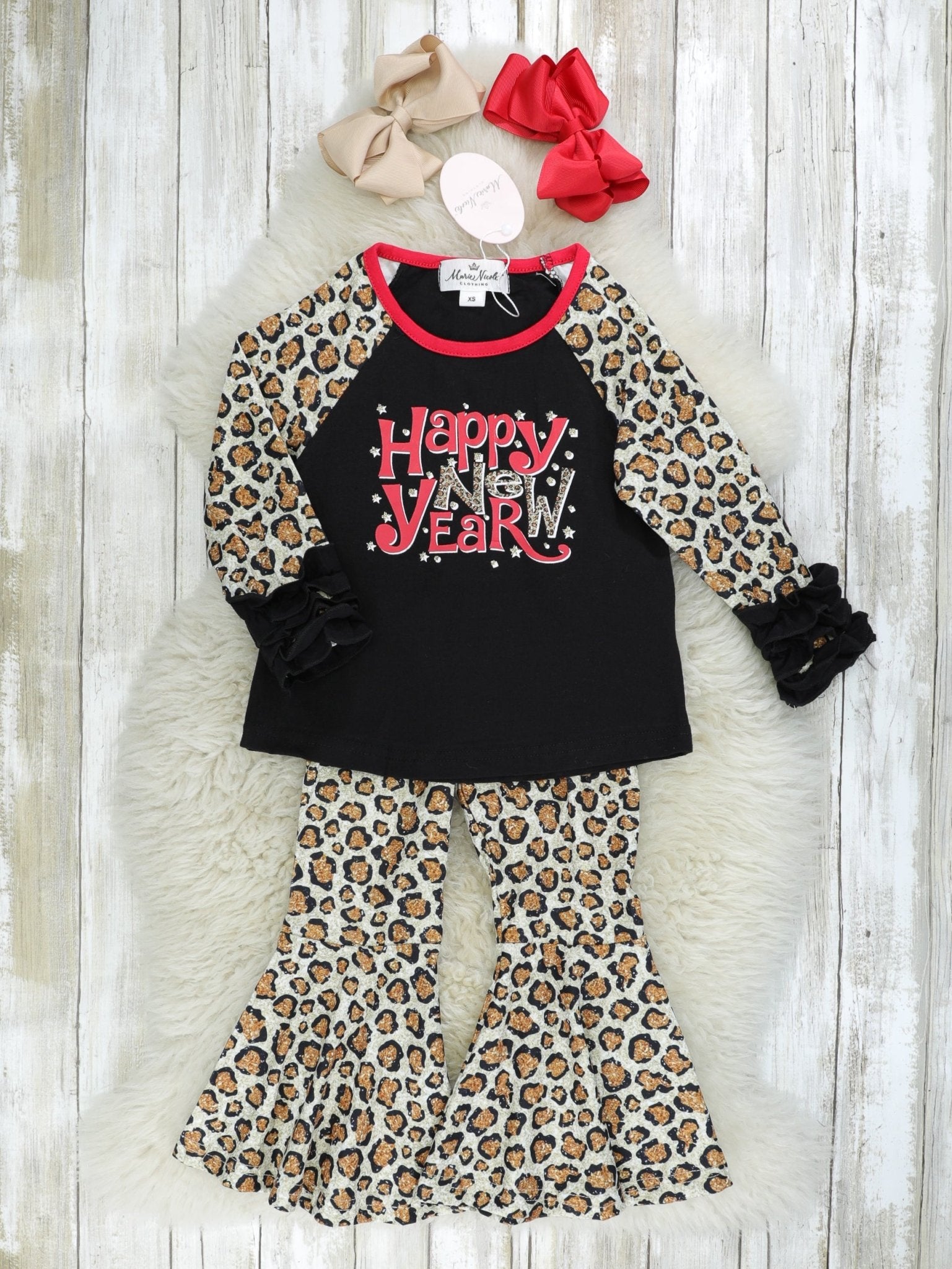 "Happy New Year" Leopard Raglan Ruffle Outfit - Marie Nicole Clothing