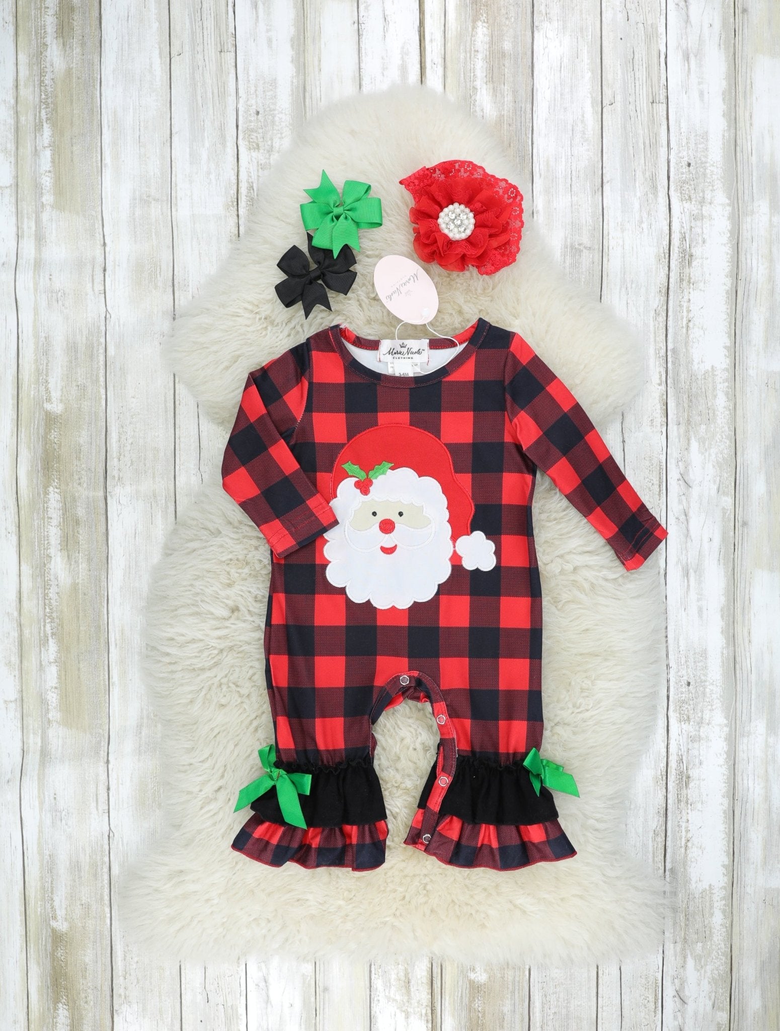 Buffalo Plaid Santa Ruffle Romper - Marie Nicole Clothing
