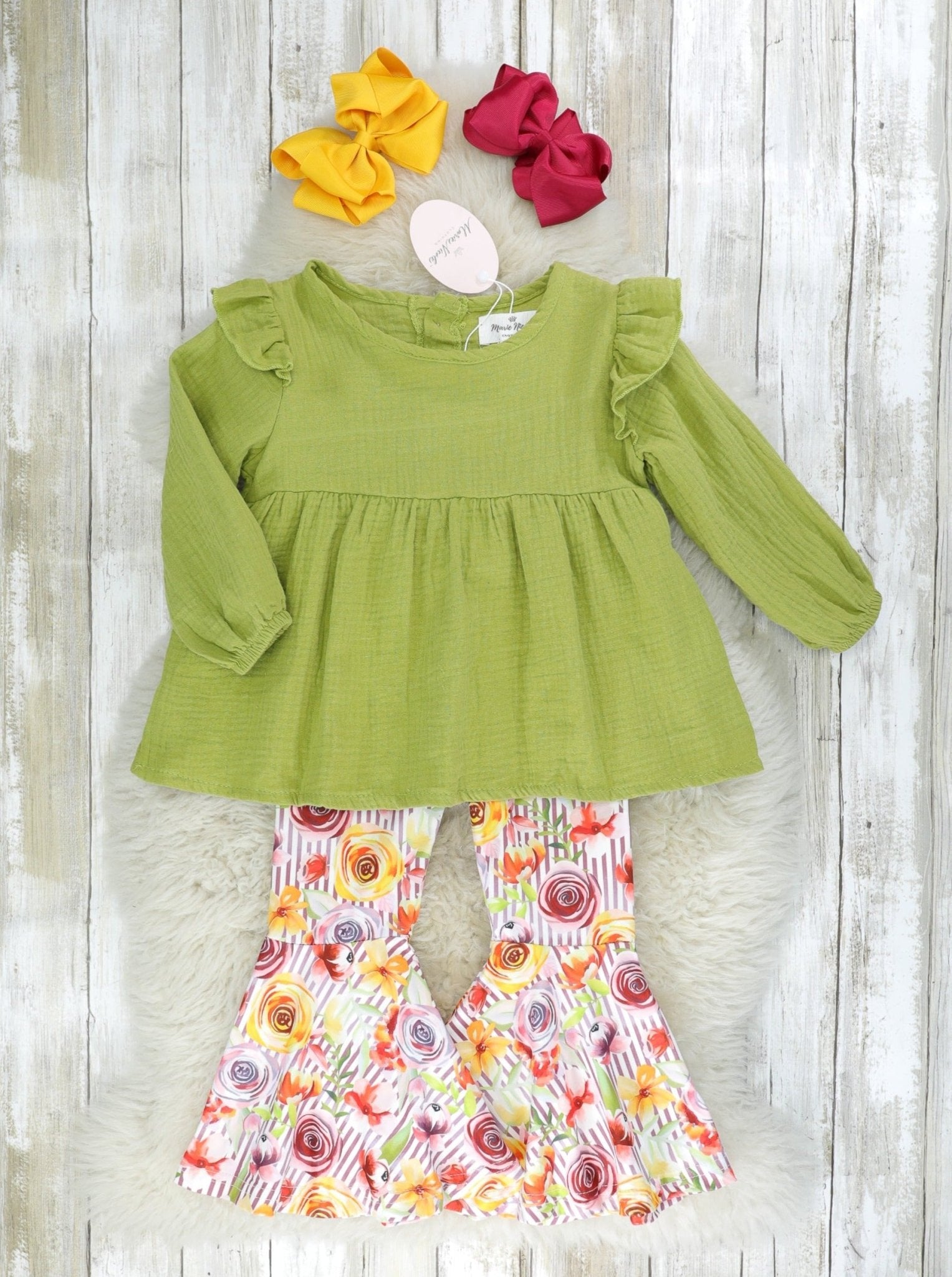 Olive Ruffle Peplum Top & Bright Rose Bell Bottoms - Marie Nicole Clothing