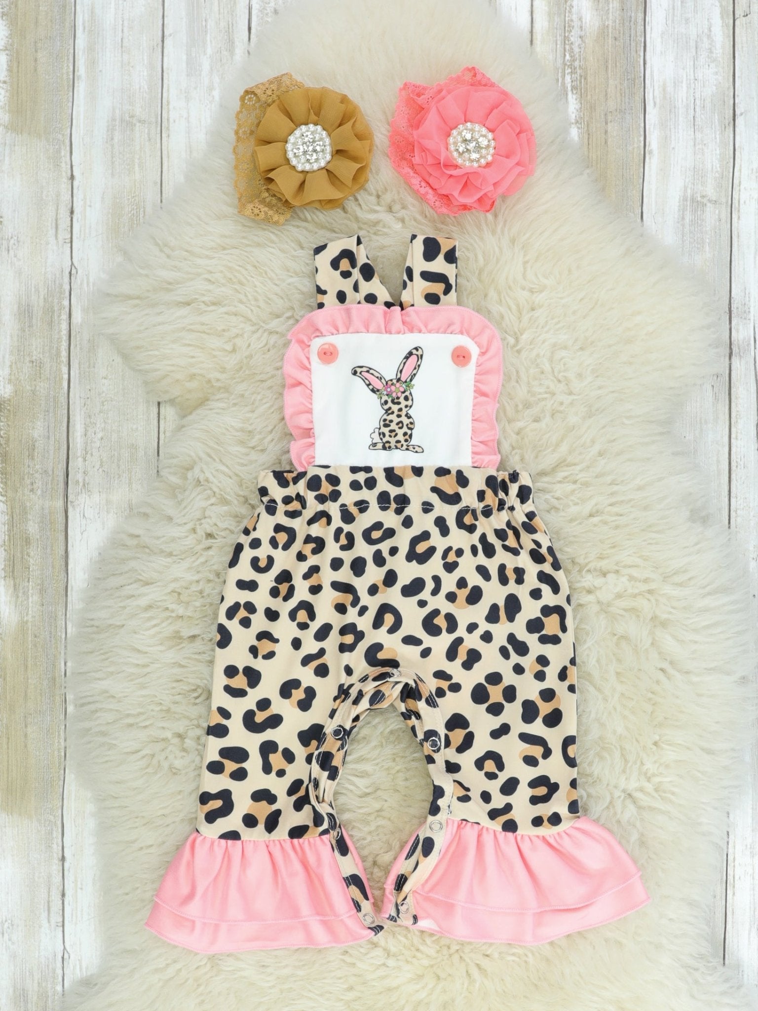 Pink Leopard Bunny Apron Romper - Marie Nicole Clothing
