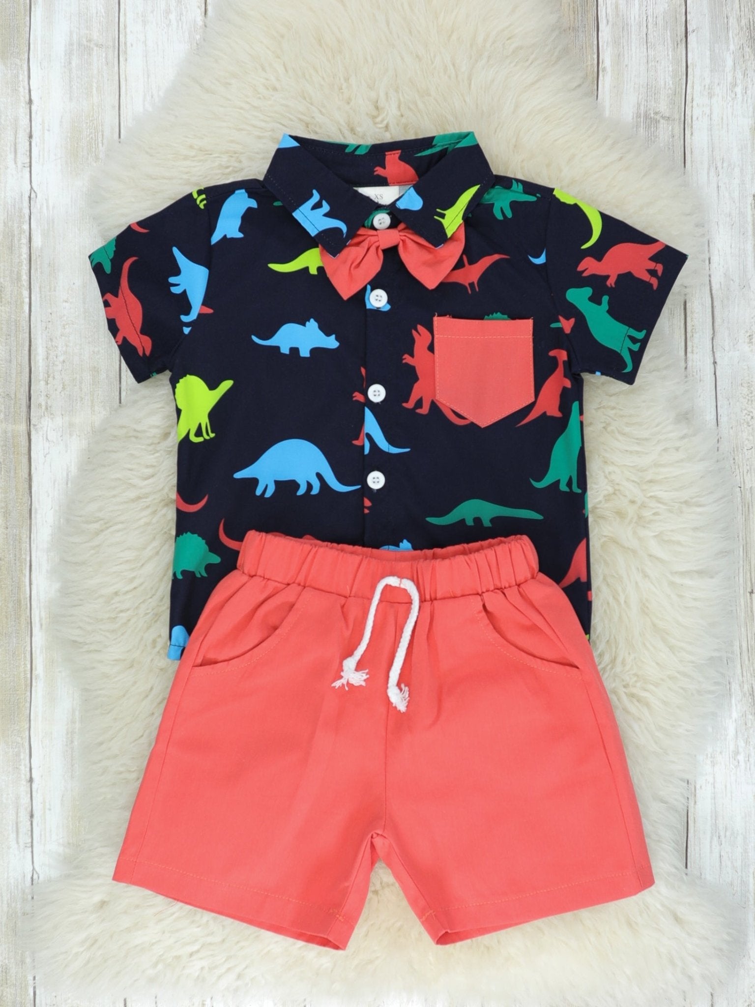 Rainbow Dinosaur Button Down & Shorts Outfit - Marie Nicole Clothing