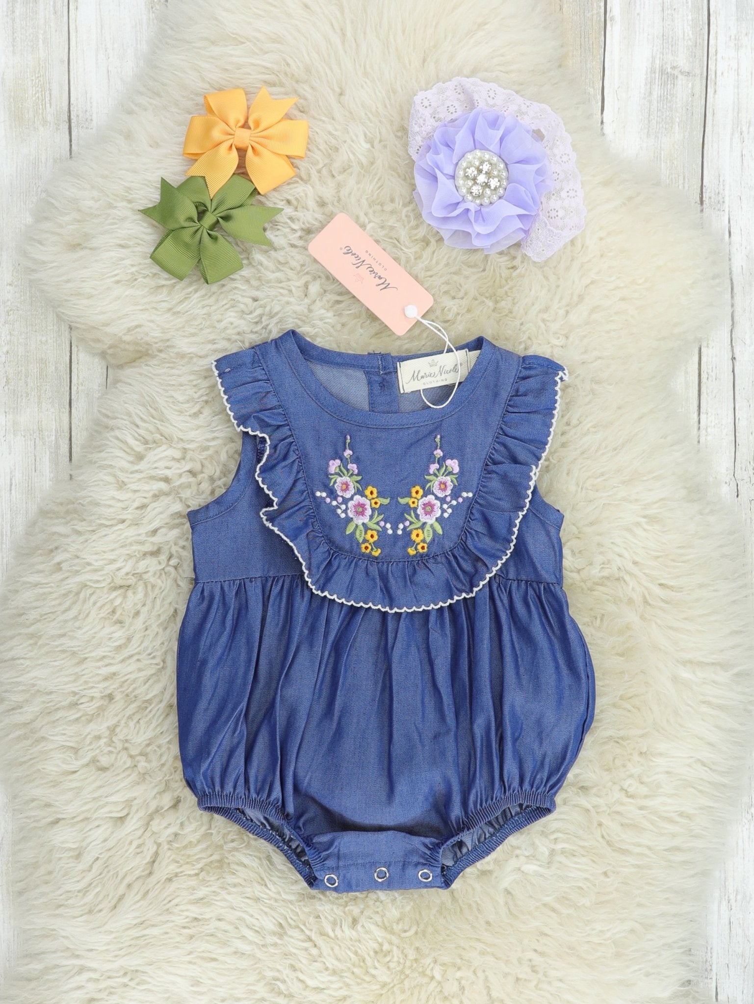 Chambray Floral Bib Collar Romper - Marie Nicole Clothing