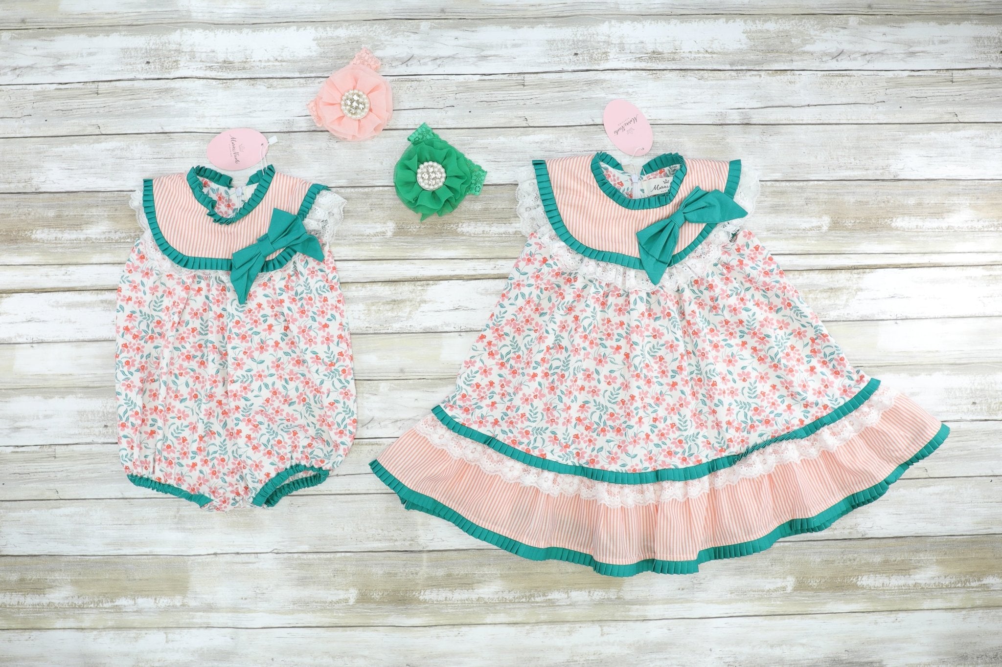 Pink & Green Floral Bow Bubble Romper - Marie Nicole Clothing