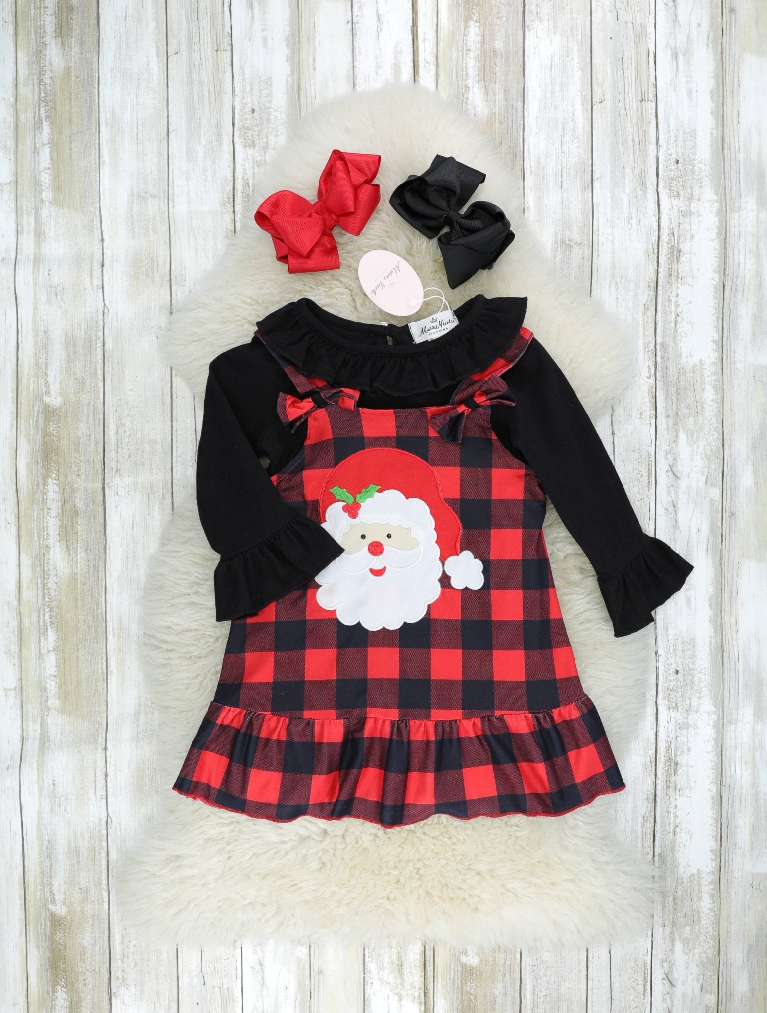 Buffalo Plaid Santa Ruffle Overall Dress - Marie Nicole Clothing