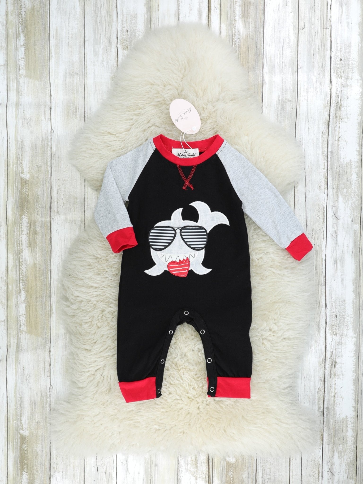 Love Bite Shark Raglan Romper - Marie Nicole Clothing