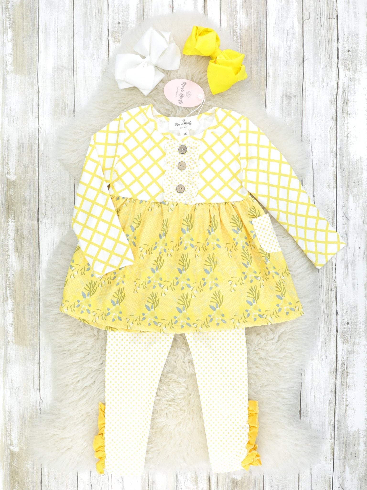 Yellow Plaid & Floral Ruffle Outfit - Marie Nicole Clothing