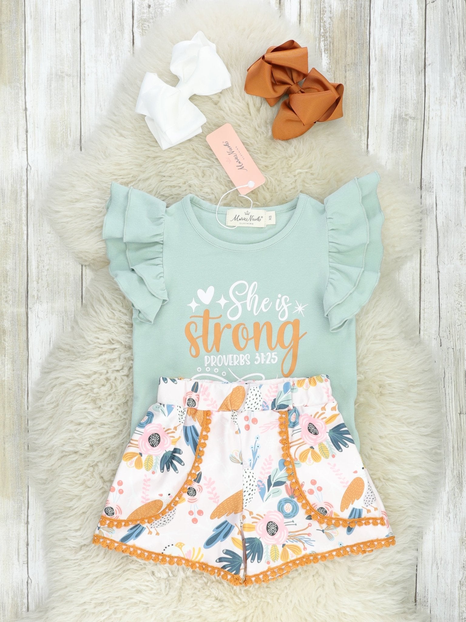 "She Is Strong" Floral Ruffle Outfit - Marie Nicole Clothing