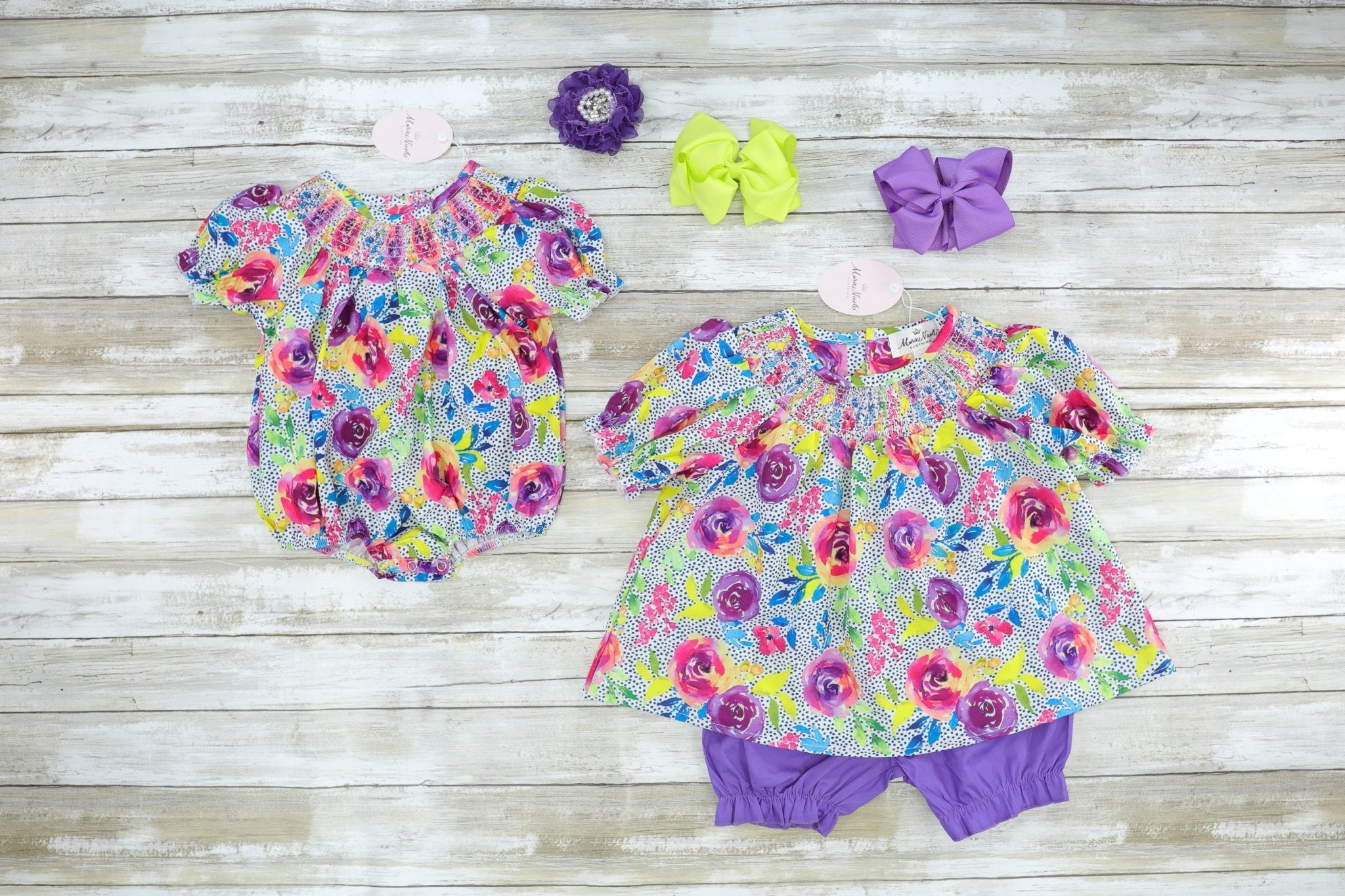 Smocked Bright Rose Bubble Romper - Marie Nicole Clothing