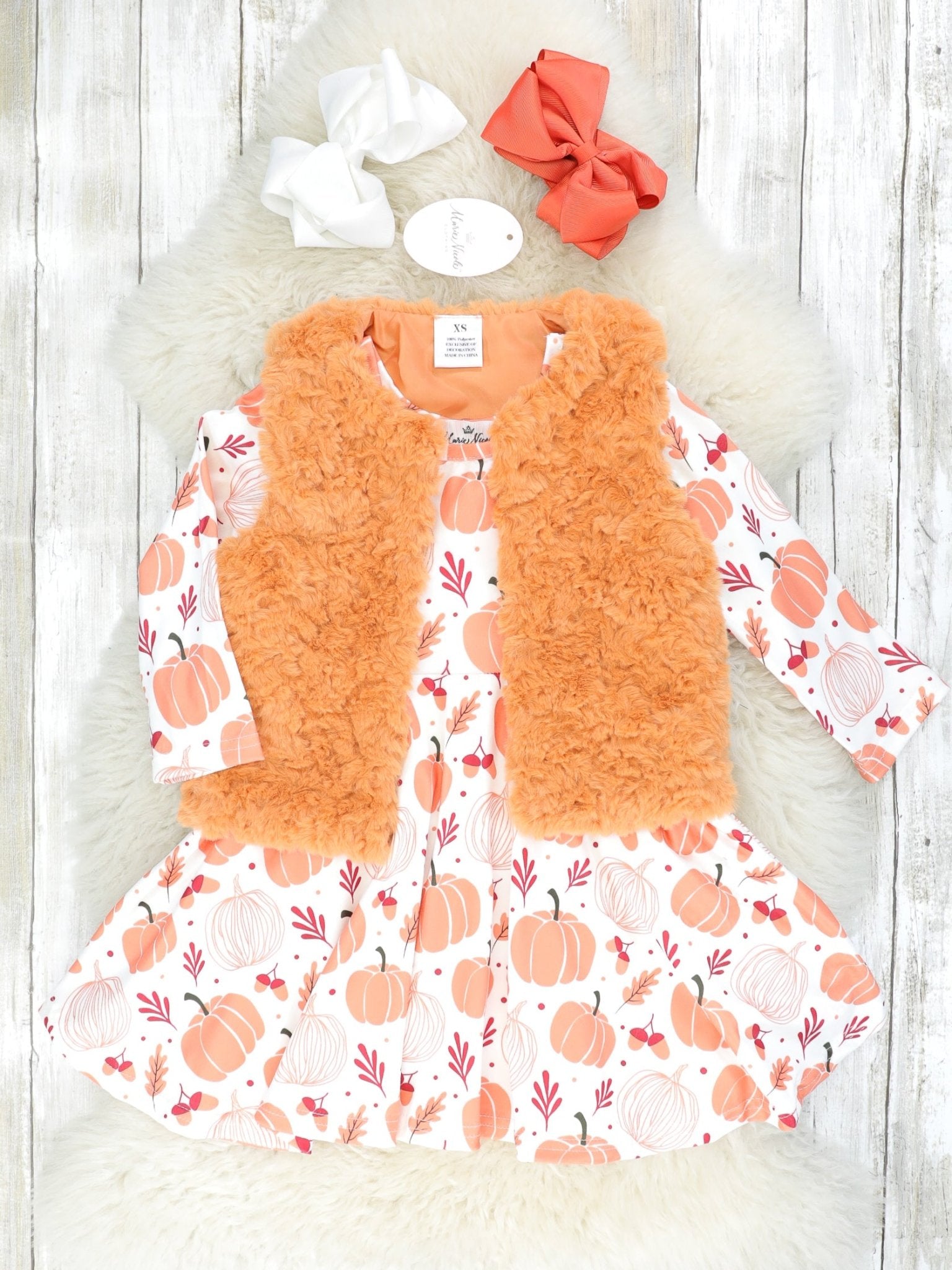 Orange & Cream Pumpkin Dress W/ Vest Outfit - Marie Nicole Clothing
