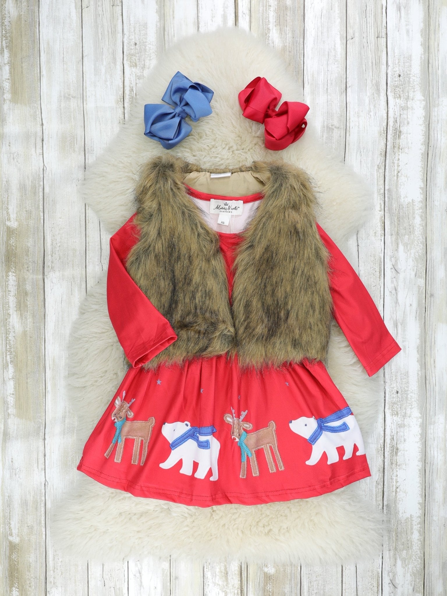 Red Polar Bear Dress W/ Fur Vest - Marie Nicole Clothing