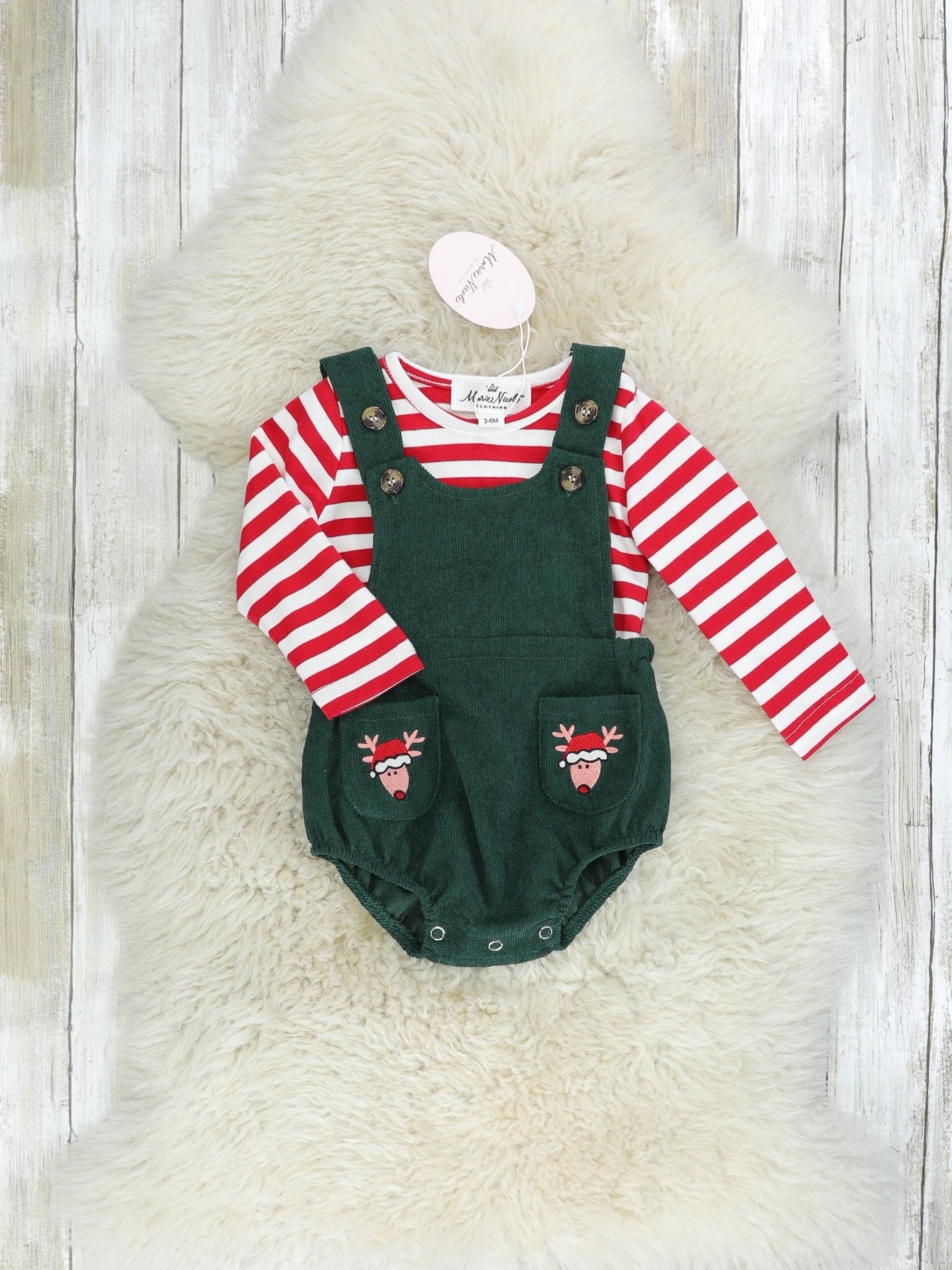 Striped Reindeer Pocket Onesie Outfit - Marie Nicole Clothing