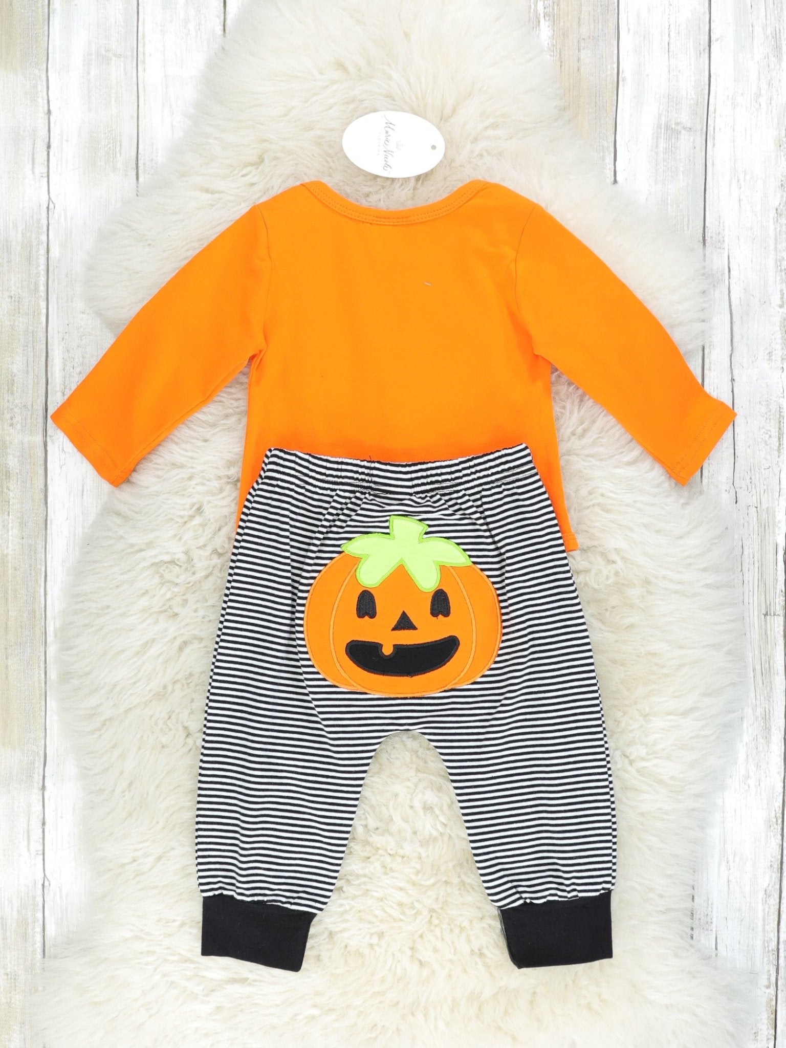 Orange "My First Halloween" Onesie & Striped Joggers Outfit - Marie Nicole Clothing