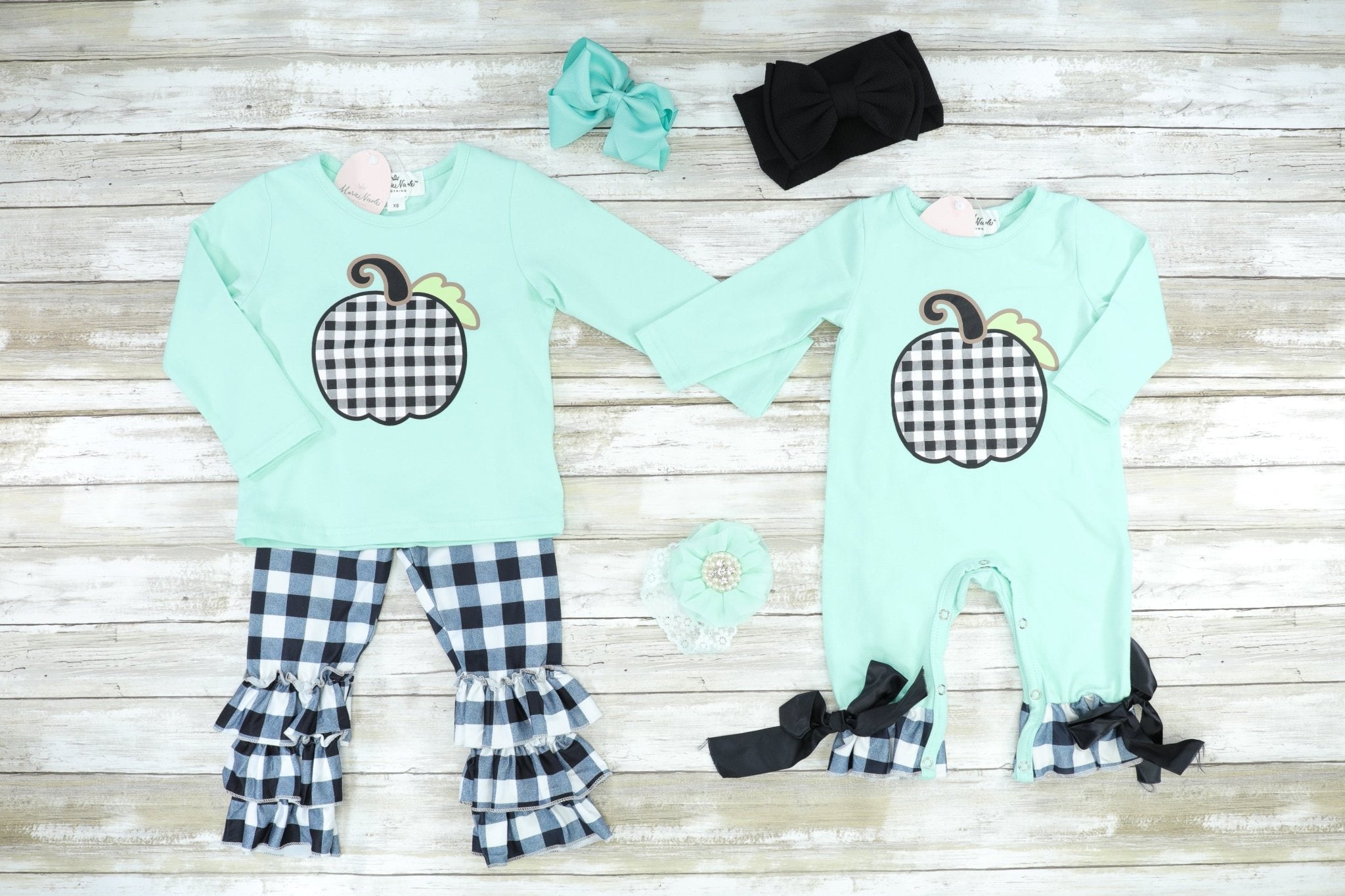 Mint & Buffalo Plaid Pumpkin Ruffle Outfit - Marie Nicole Clothing