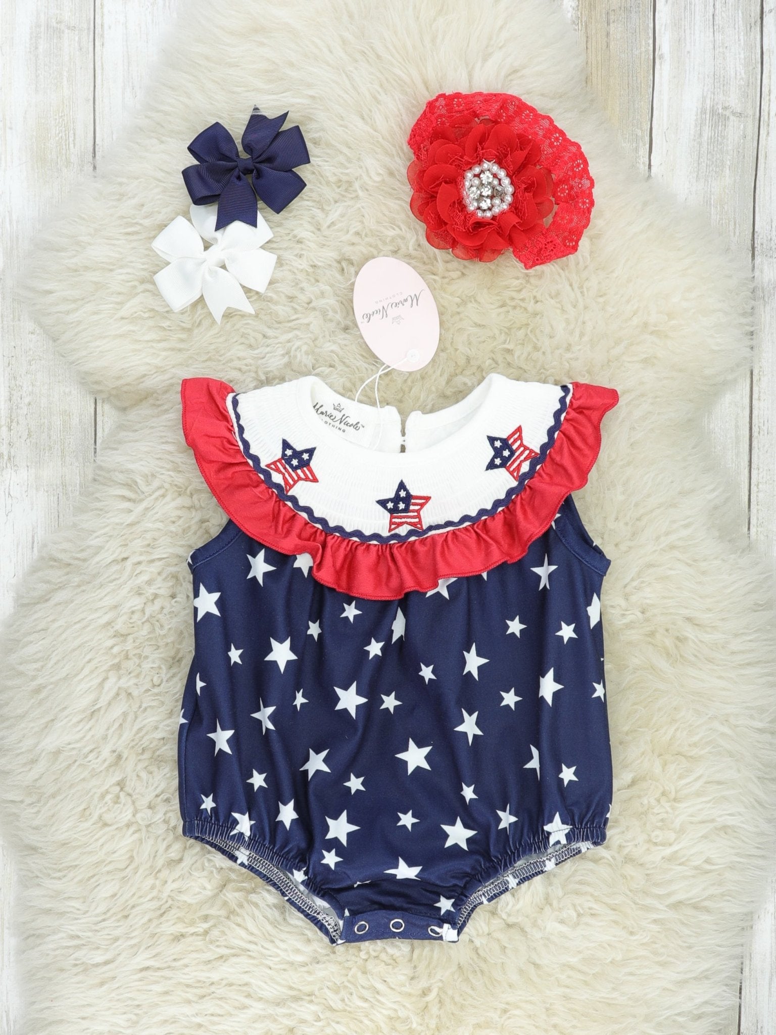 Stars & Stripes Smocked Ruffle Bubble Romper - Marie Nicole Clothing