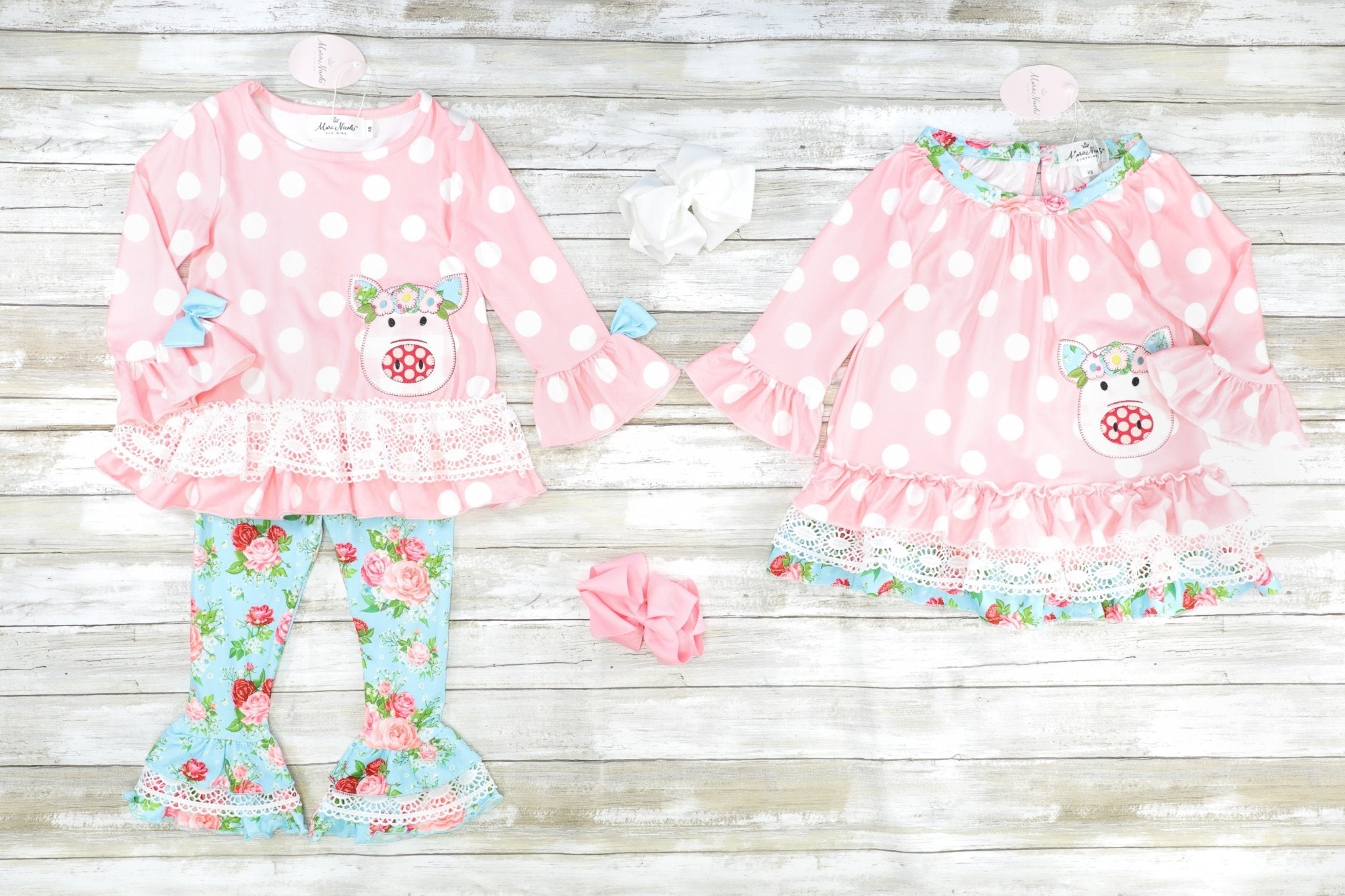 Pink Polka Dot & Floral Piggy Ruffle Dress - Marie Nicole Clothing