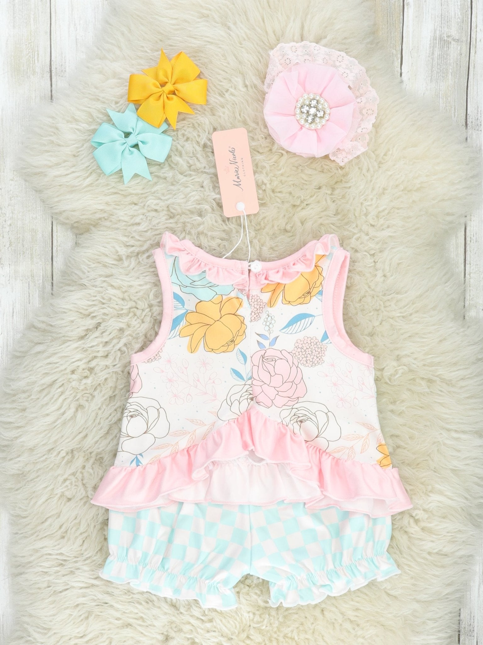 Mint Checkered Floral Bloomers Outfit - Marie Nicole Clothing