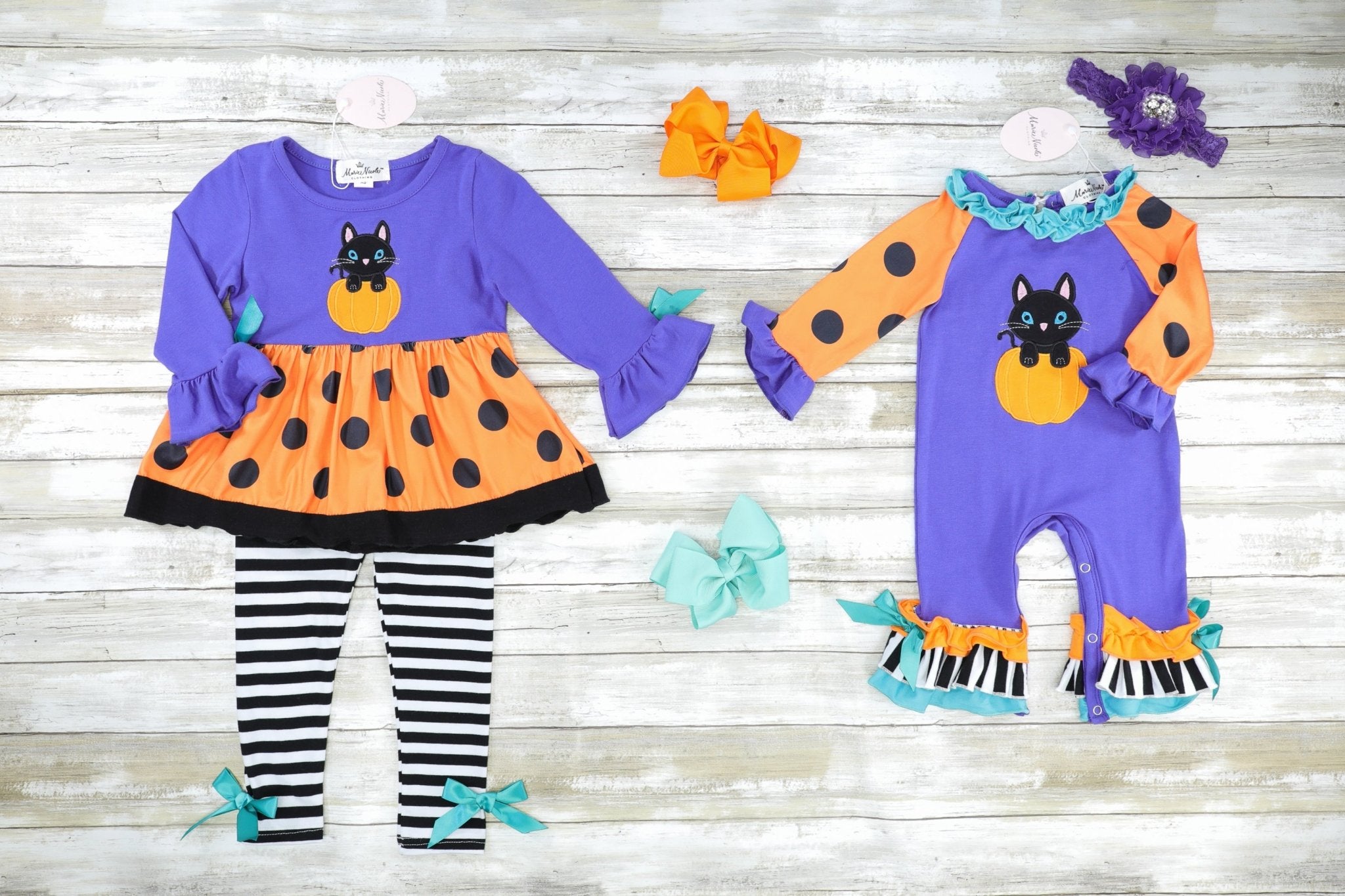 Purple Cat Pumpkin Polka Dot Top & Striped Bottoms Outfit - Marie Nicole Clothing