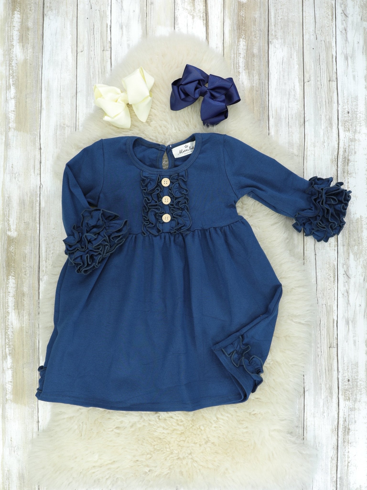 Button Icing/Ruffle Dress - Prussian Blue - Marie Nicole Clothing