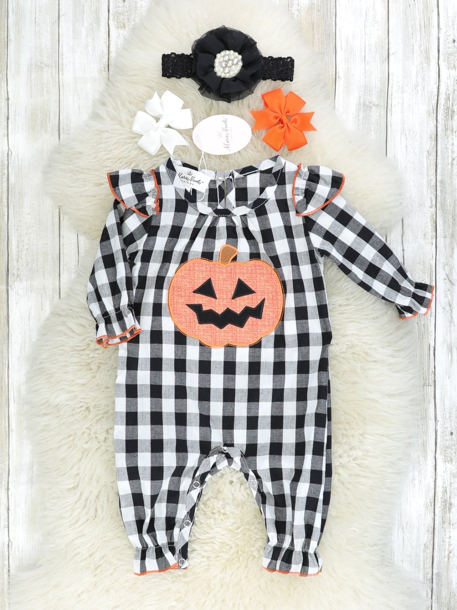 Gingham Jack - O - Lantern Ruffle Romper - Marie Nicole Clothing