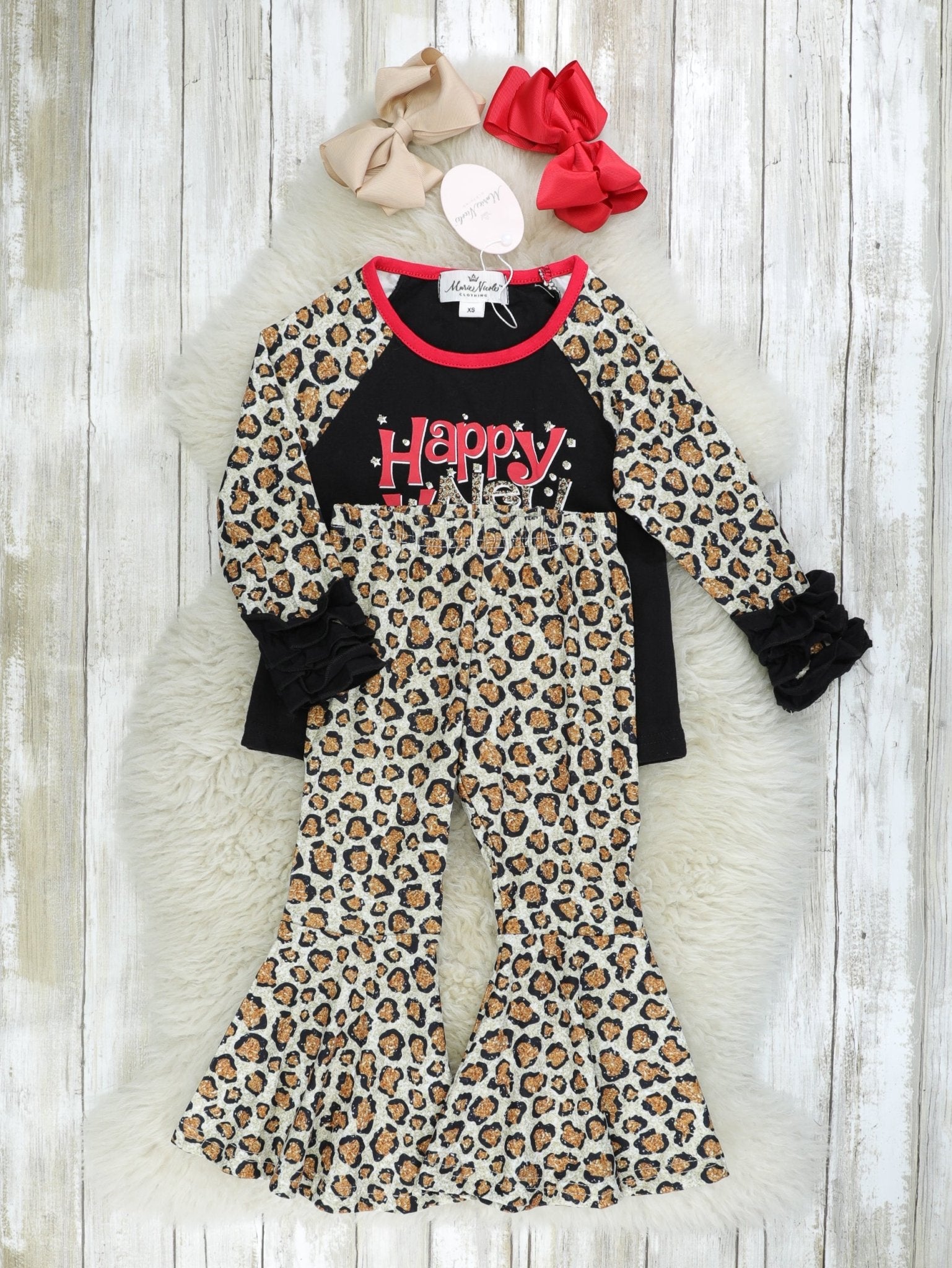 "Happy New Year" Leopard Raglan Ruffle Outfit - Marie Nicole Clothing