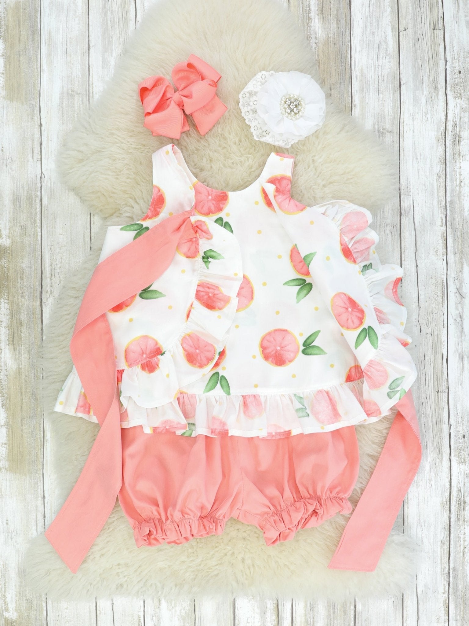 Grapefruit Ruffle Open - Back Bow Outfit - Marie Nicole Clothing