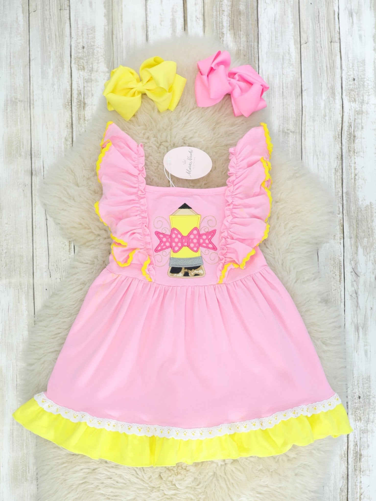 Pink & Yellow Flutter Sleeve Pencil Dress - Marie Nicole Clothing