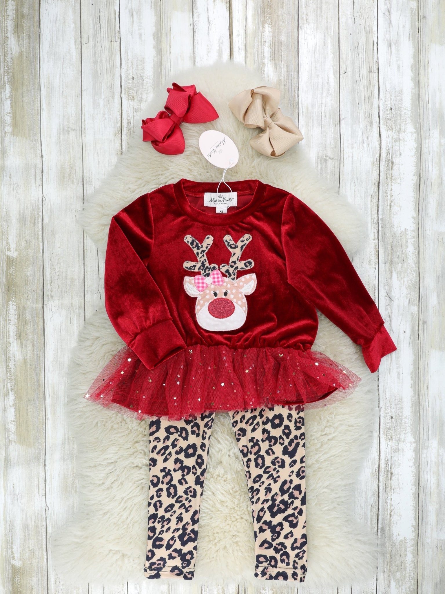 Red Sparkly Reindeer Tulle Leopard Outfit - Marie Nicole Clothing