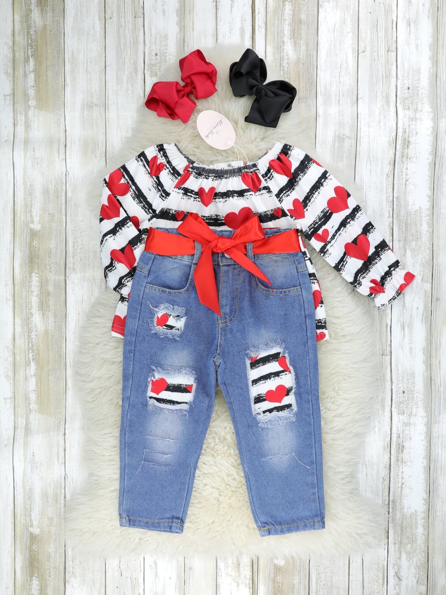 Striped Heart Top & Distressed Denim Outfit - Marie Nicole Clothing