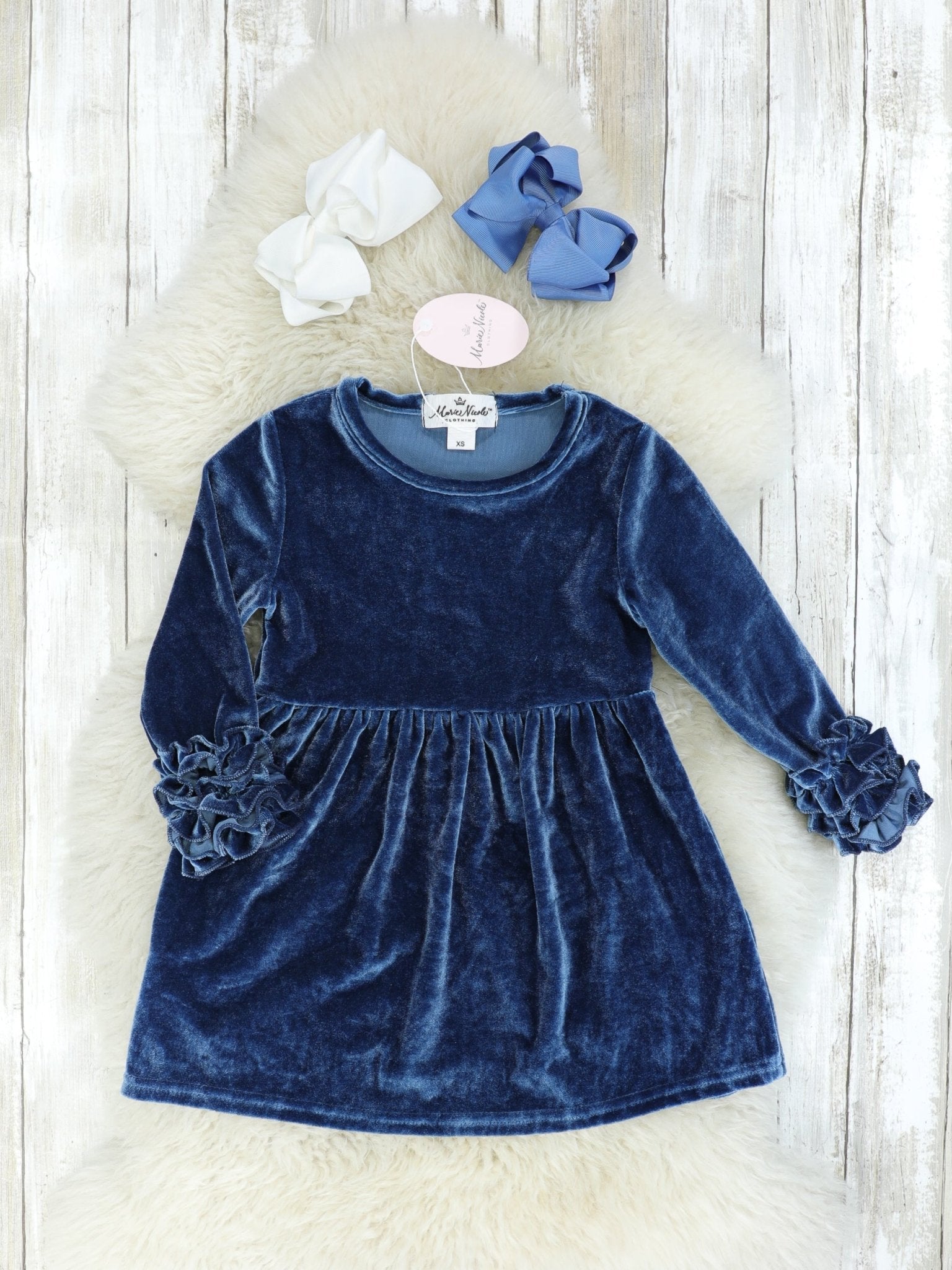 Muted Navy Velvet Icing Ruffle Dress - Marie Nicole Clothing