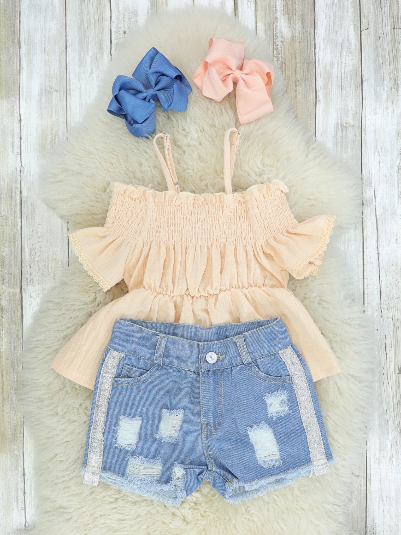 Smocked Light Peach Top & Distressed Denim Outfit - Marie Nicole Clothing