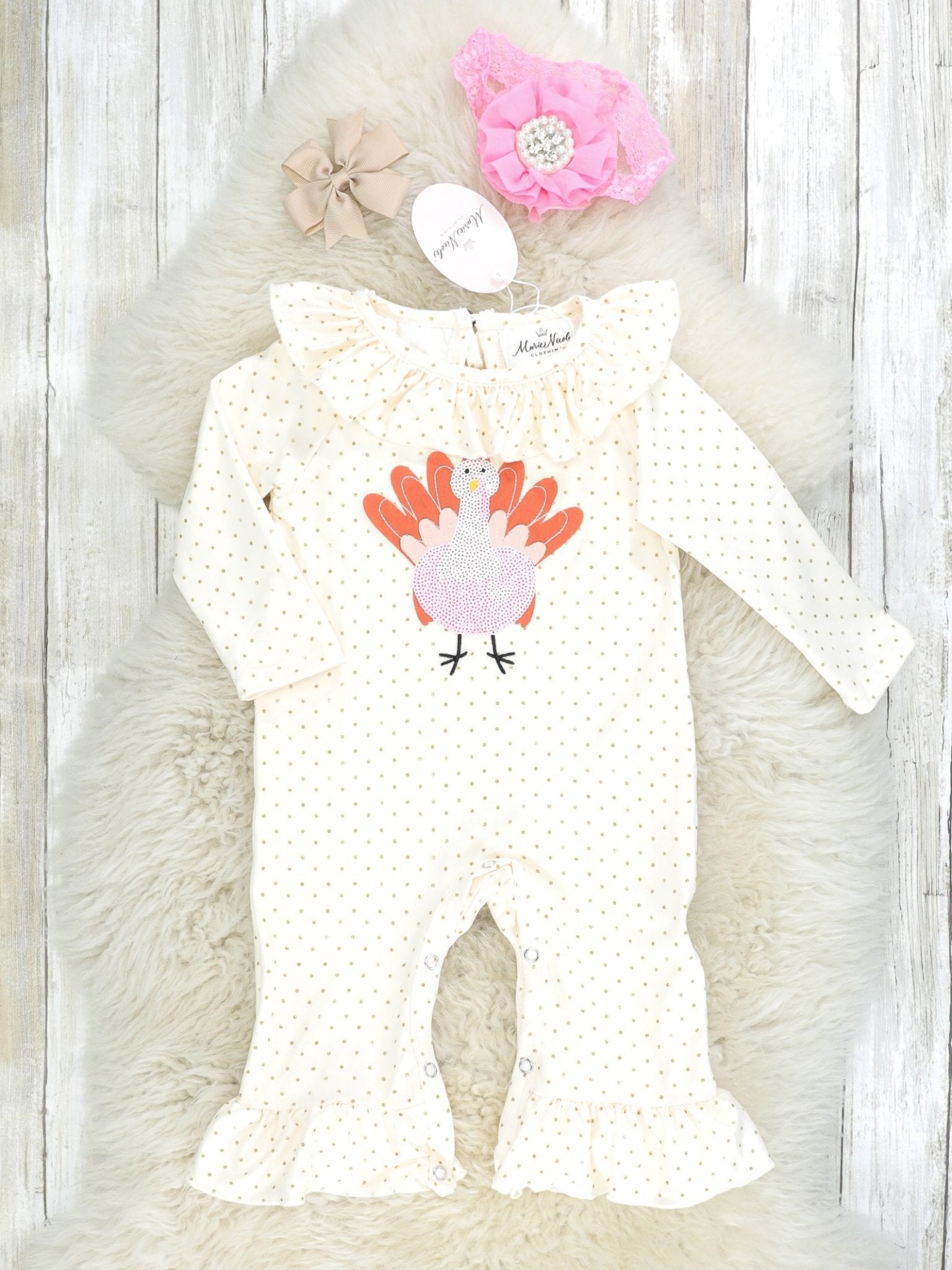 Pink Polka Dot Turkey Ruffle Romper - Marie Nicole Clothing