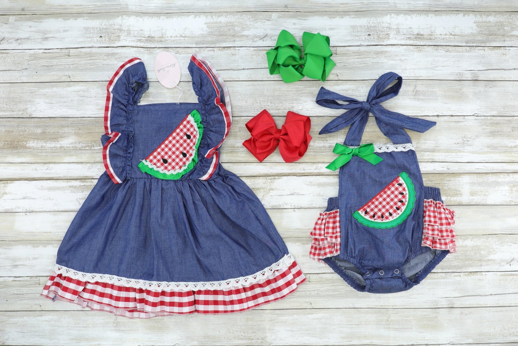 Chambray Watermelon Bubble Romper - Marie Nicole Clothing