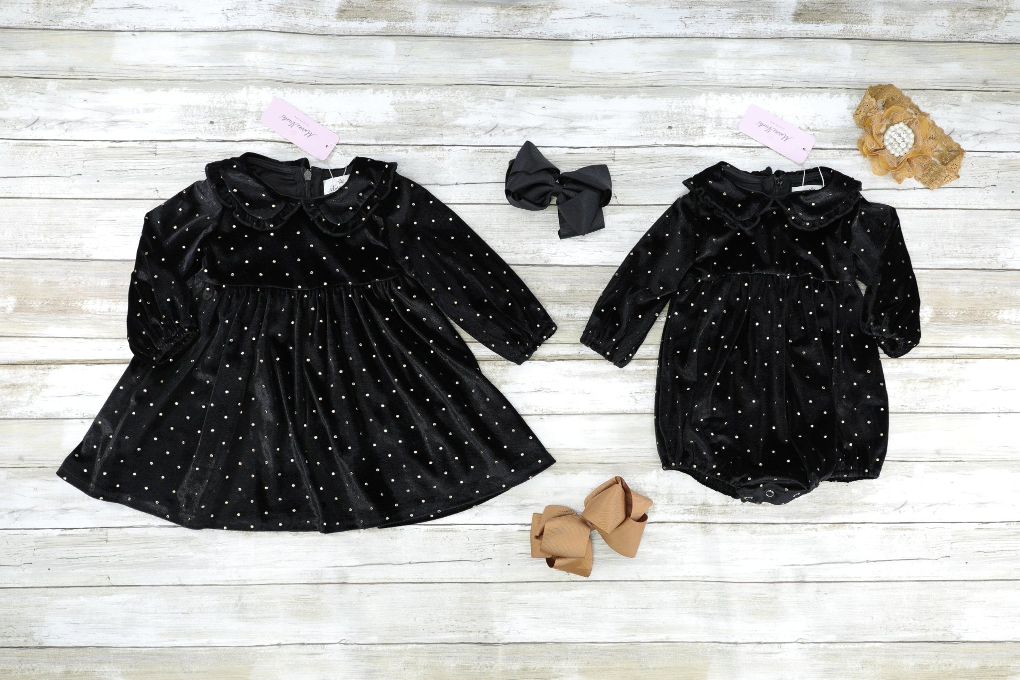 Black Polka Dotted Velvet Ruffle Dress - Marie Nicole Clothing