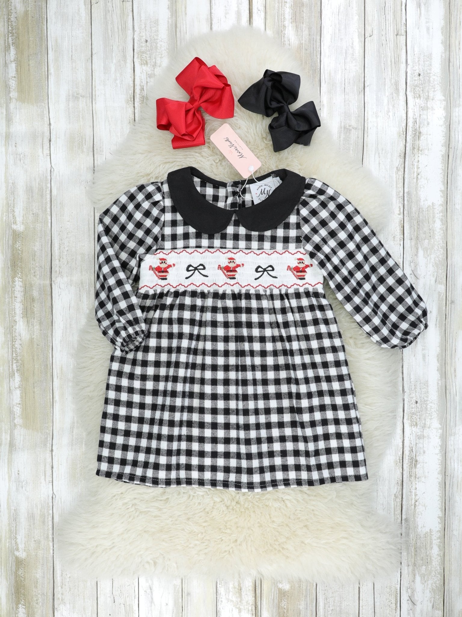 Gingham Smocked Santa Vintage Dress - Marie Nicole Clothing
