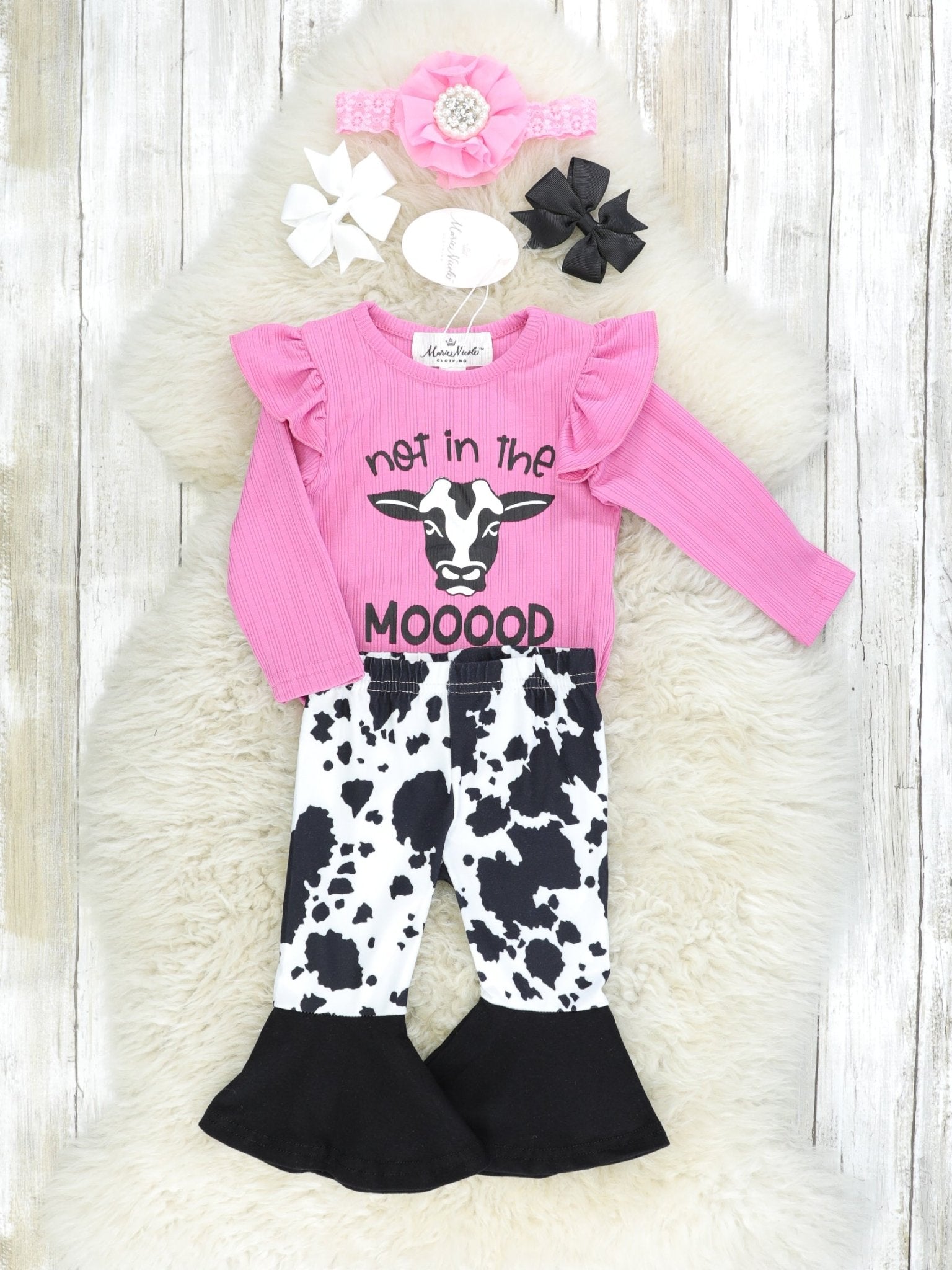Fuchsia "Not In The MOOOOD" Ruffle Romper & Cow Print Bell Bottoms Outfit - Marie Nicole Clothing
