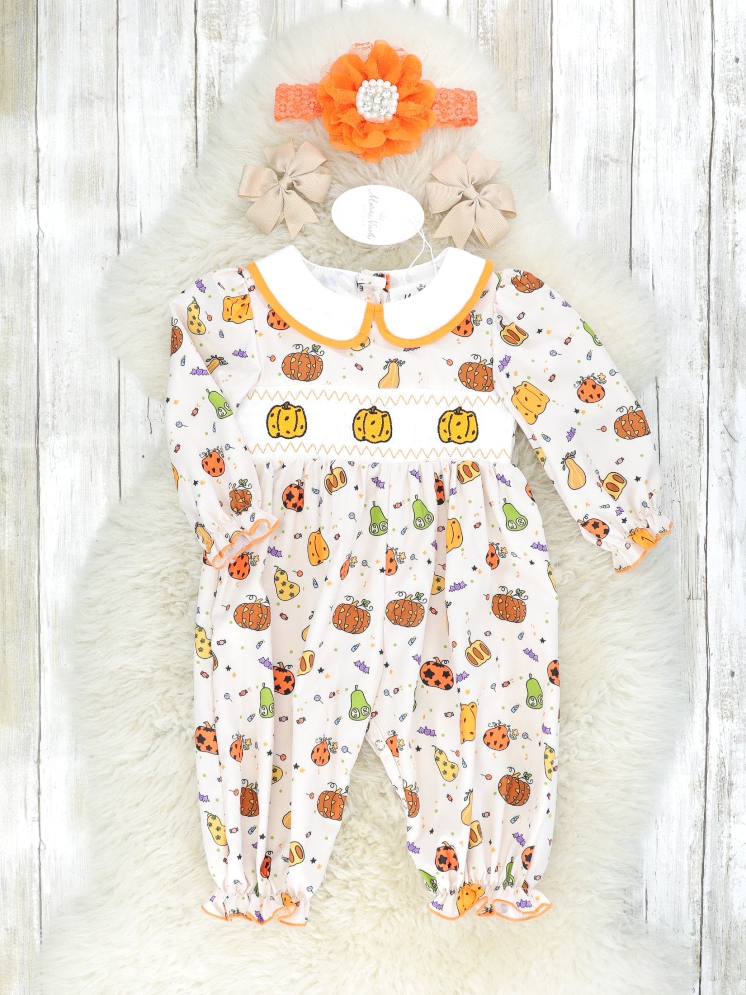 Pumpkin Spice & Spooky Nights Smocked Romper - Marie Nicole Clothing