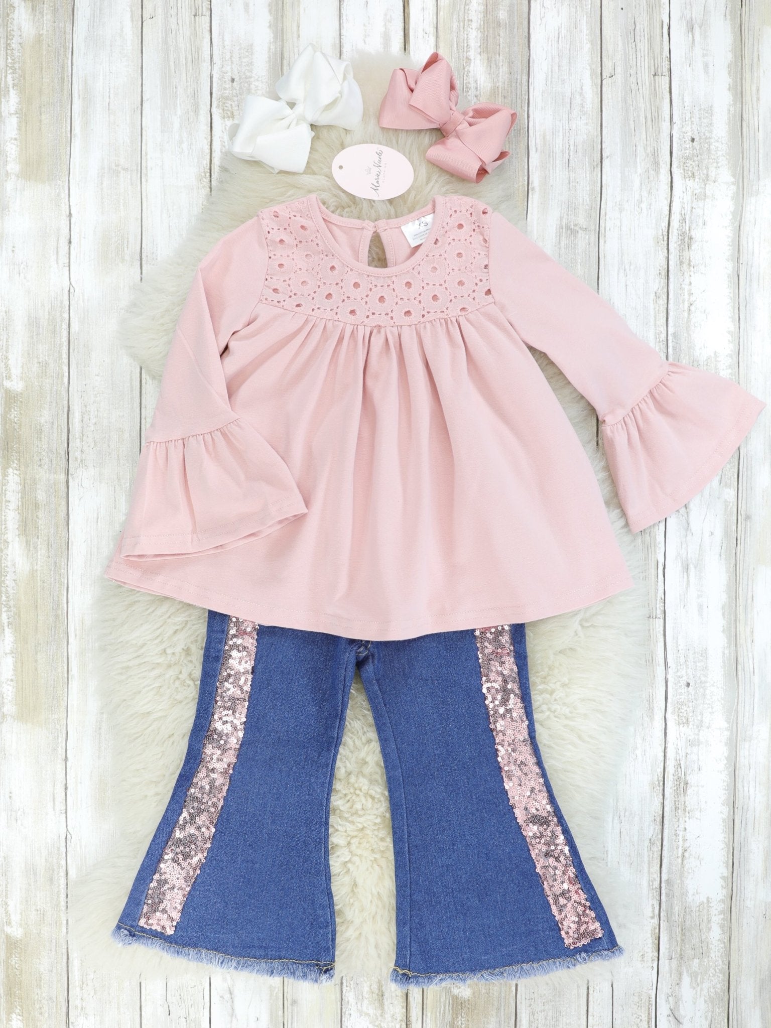 Pink Tunic Top & Denim Sequin Bell Bottoms - Marie Nicole Clothing