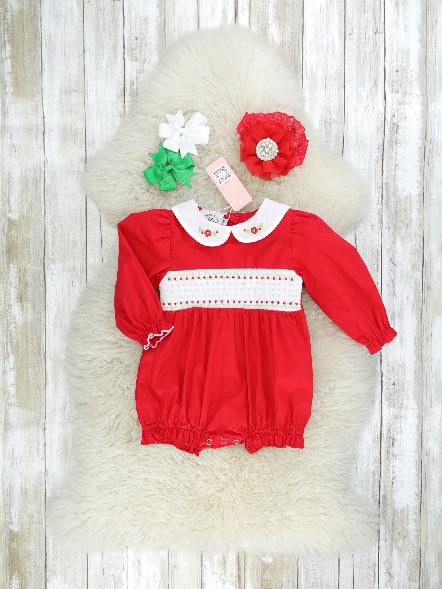 Red Smocked Vintage Bubble Romper - Marie Nicole Clothing
