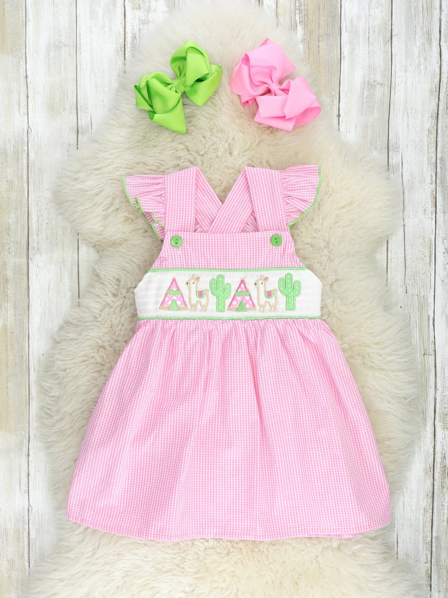 Pink Gingham Smocked Llama Dress - Marie Nicole Clothing