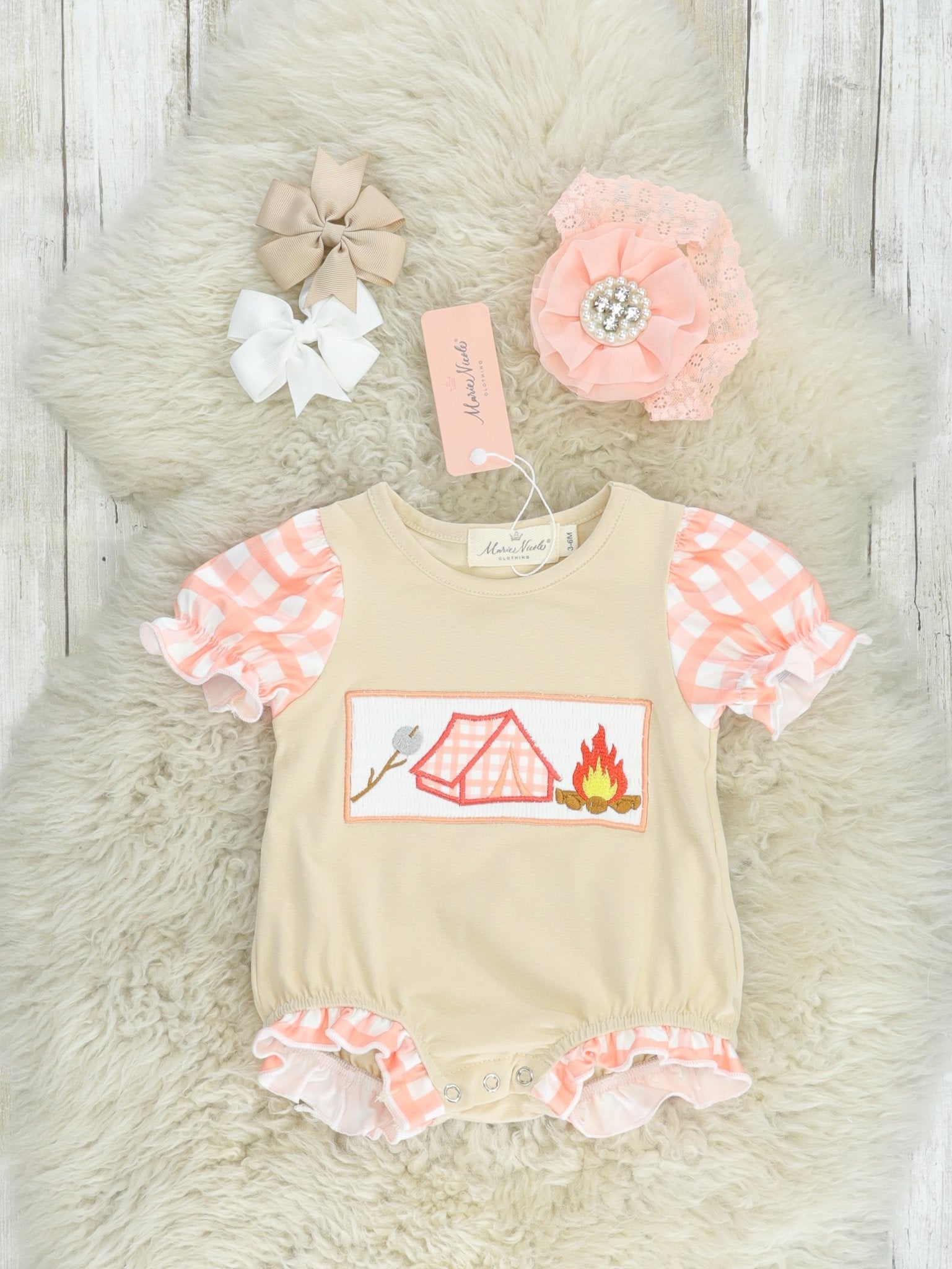 Tan Smocked Camping Bubble Romper - Marie Nicole Clothing