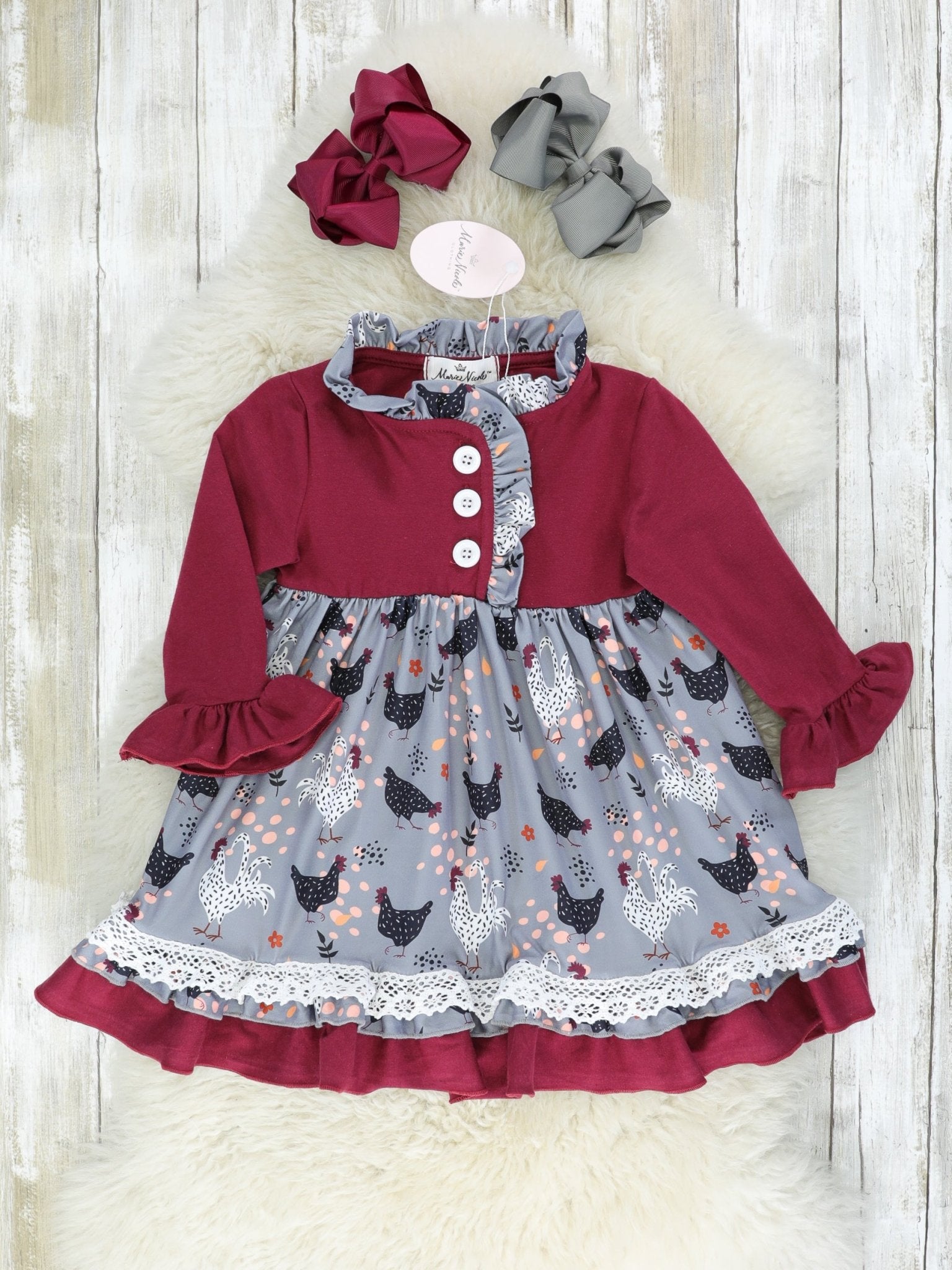 Maroon & Grey Chicken Ruffle Dress - Marie Nicole Clothing