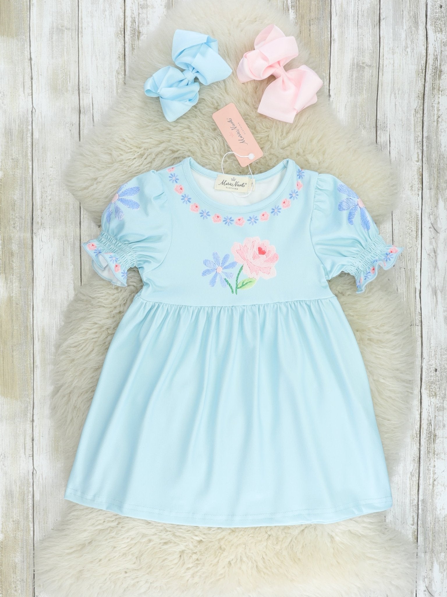Sky Blue Floral Ruffle Dress - Marie Nicole Clothing