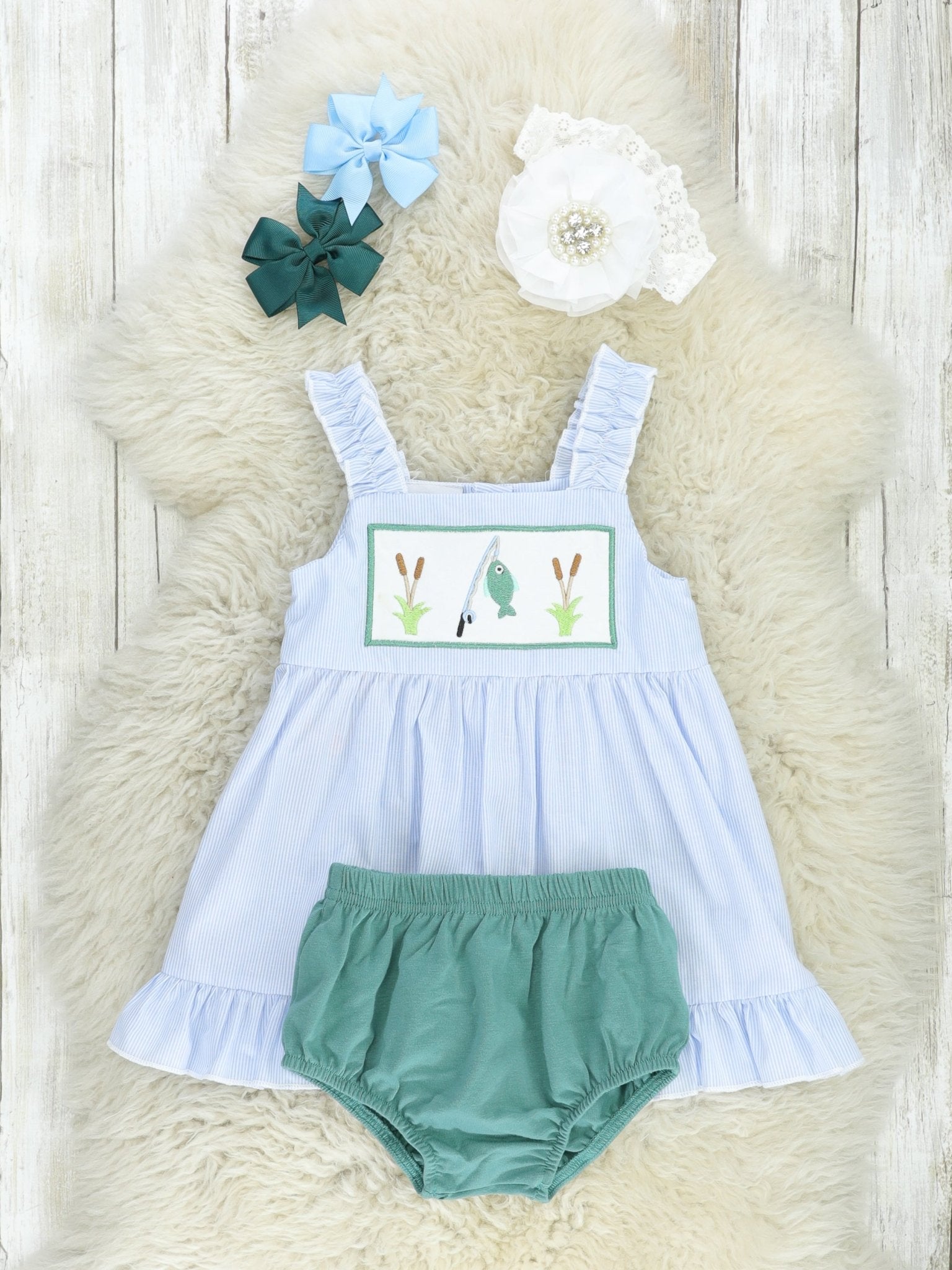 Smocked Fishing Ruffle Bloomers Outfit - Marie Nicole Clothing